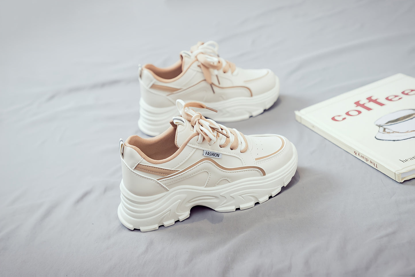 Women's Trendy Chunky Sneakers - Breathable Lace-Up Dad Shoes with Thick PVC Sole, White Beige Two-Tone Design, Versatile Low-Top Style for Casual Attire