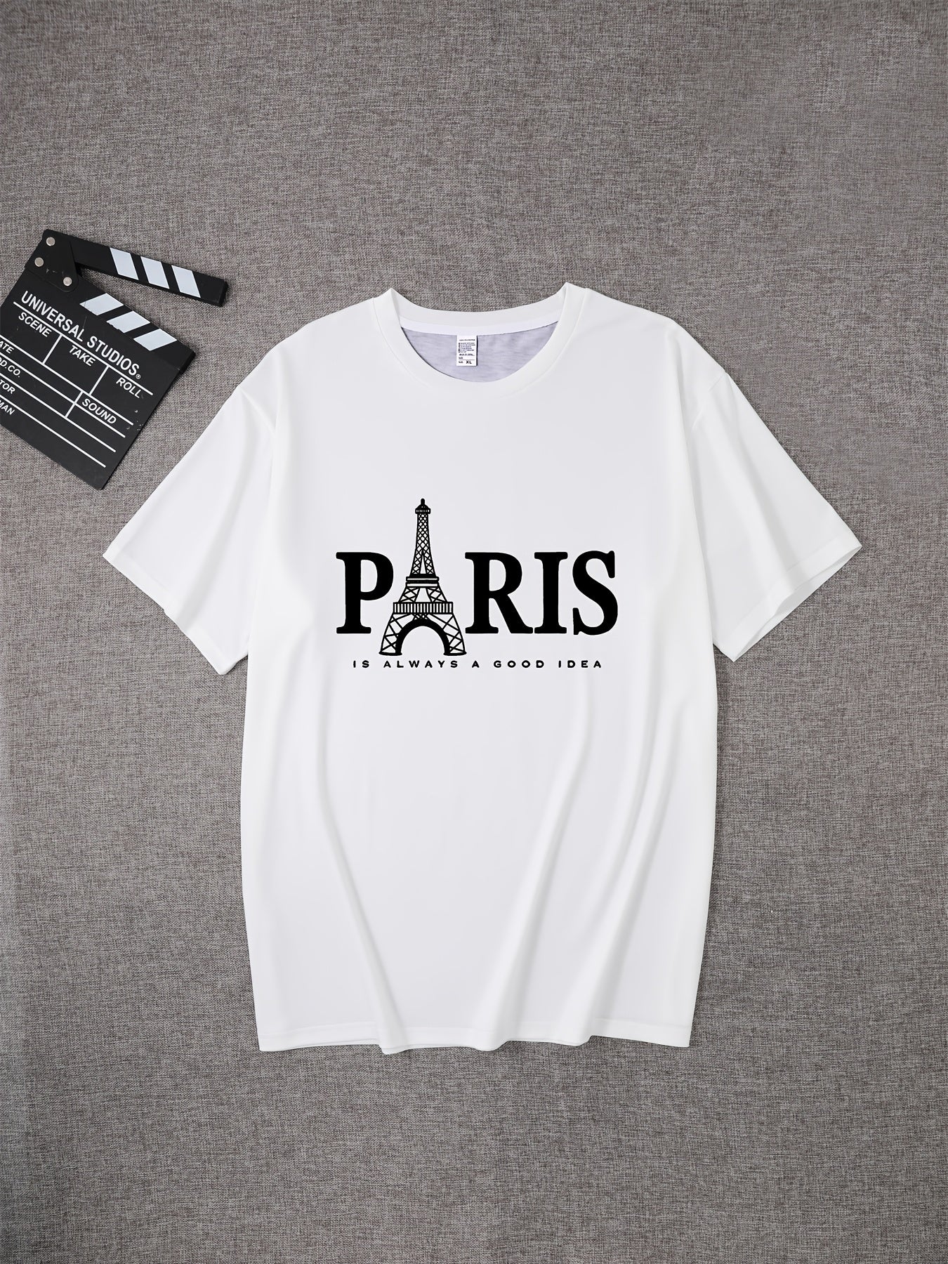 Men's Retro Paris Eiffel Tower Letter Print T-Shirt - Breathable Polyester Casual Short Sleeve Round Neck Tee, Machine Washable Summer Top for Casual Attire, Leisure Outfit, Comfortable Fit Shirt