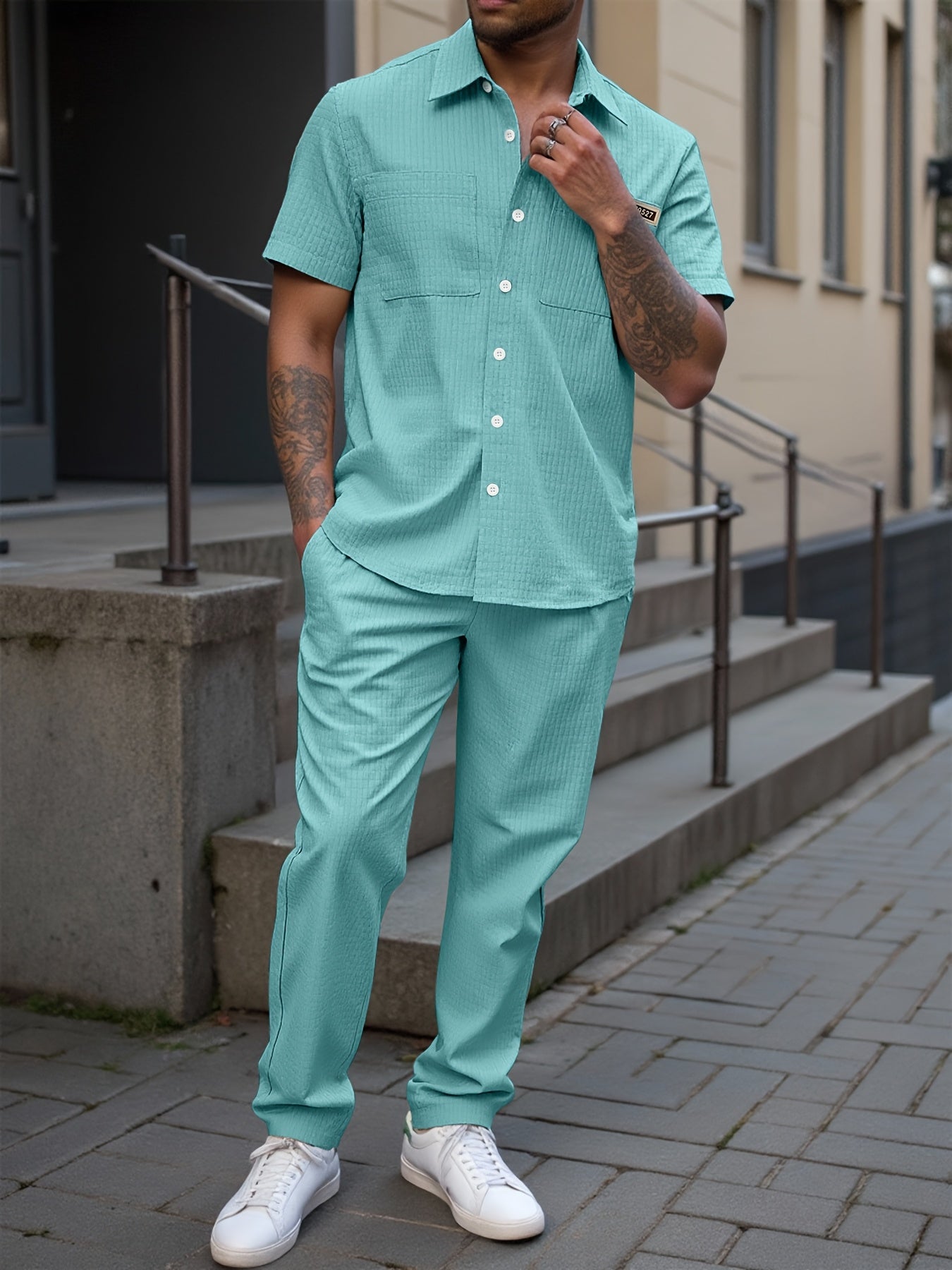 Summer Men'S Casual Bread Pattern Texture Short Sleeve Long Pants Shirt Set, 100% Polyester, Double Pocket Shirt, Turnover Woven Top Can Be Machine Washed and Dry Cleaned