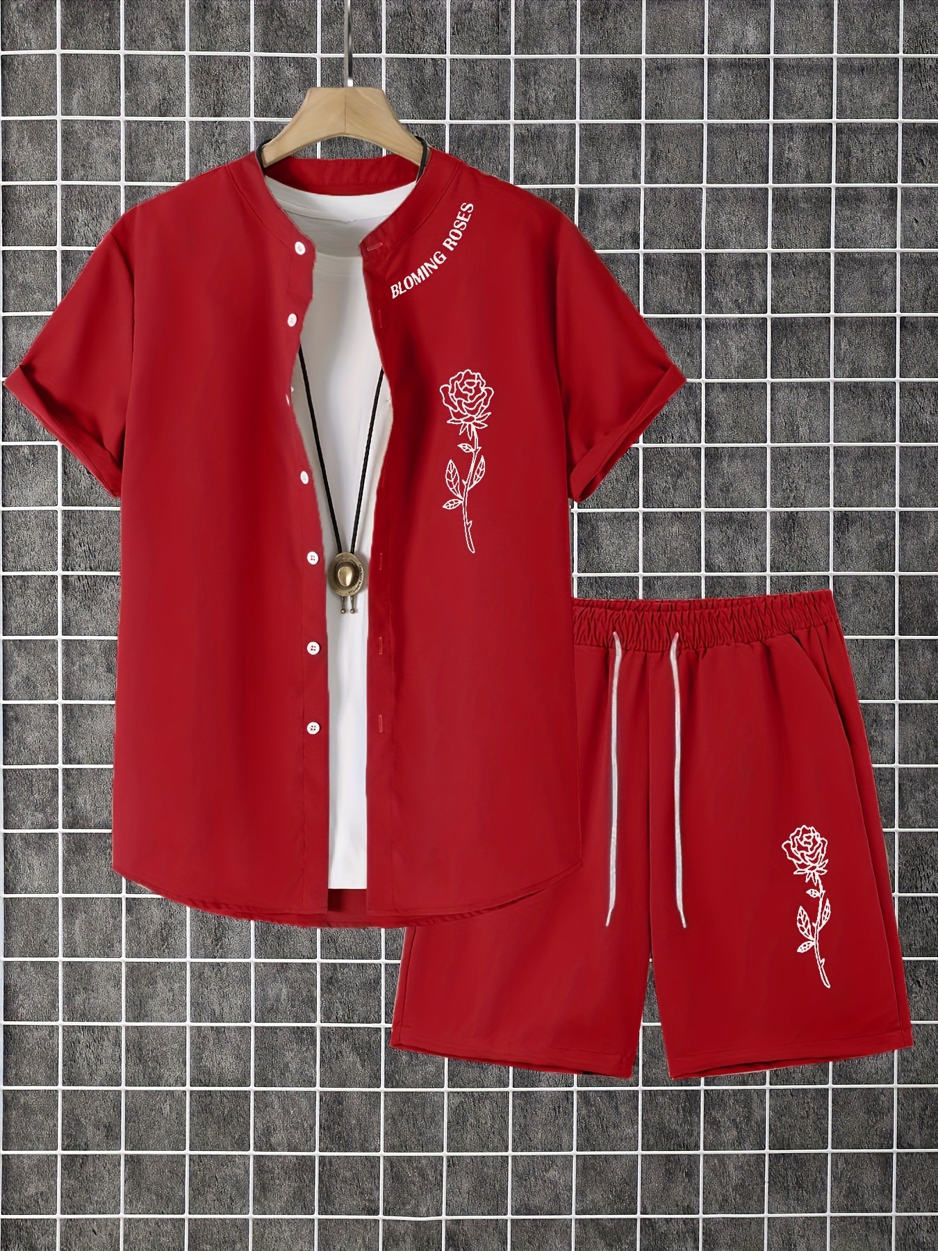2pcs Printed Men's Summer Short Sleeve Button Shirt and Shorts Set