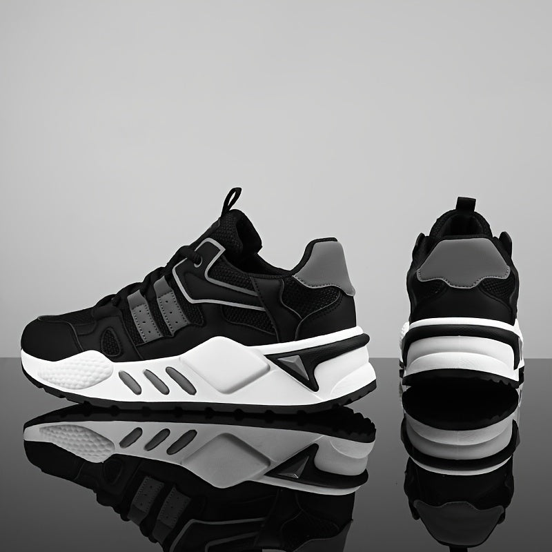 Men's Low-Top Skate Sneakers - White/Black Accent Lace-Up Shoes, Cushioned EVA Insole Non-Slip Rubber Outsole for All-Season Urban Streetwear, Gym, Everyday - Breathable PU Upper Casual Shoes, Gym Footwear, Street Style, Du