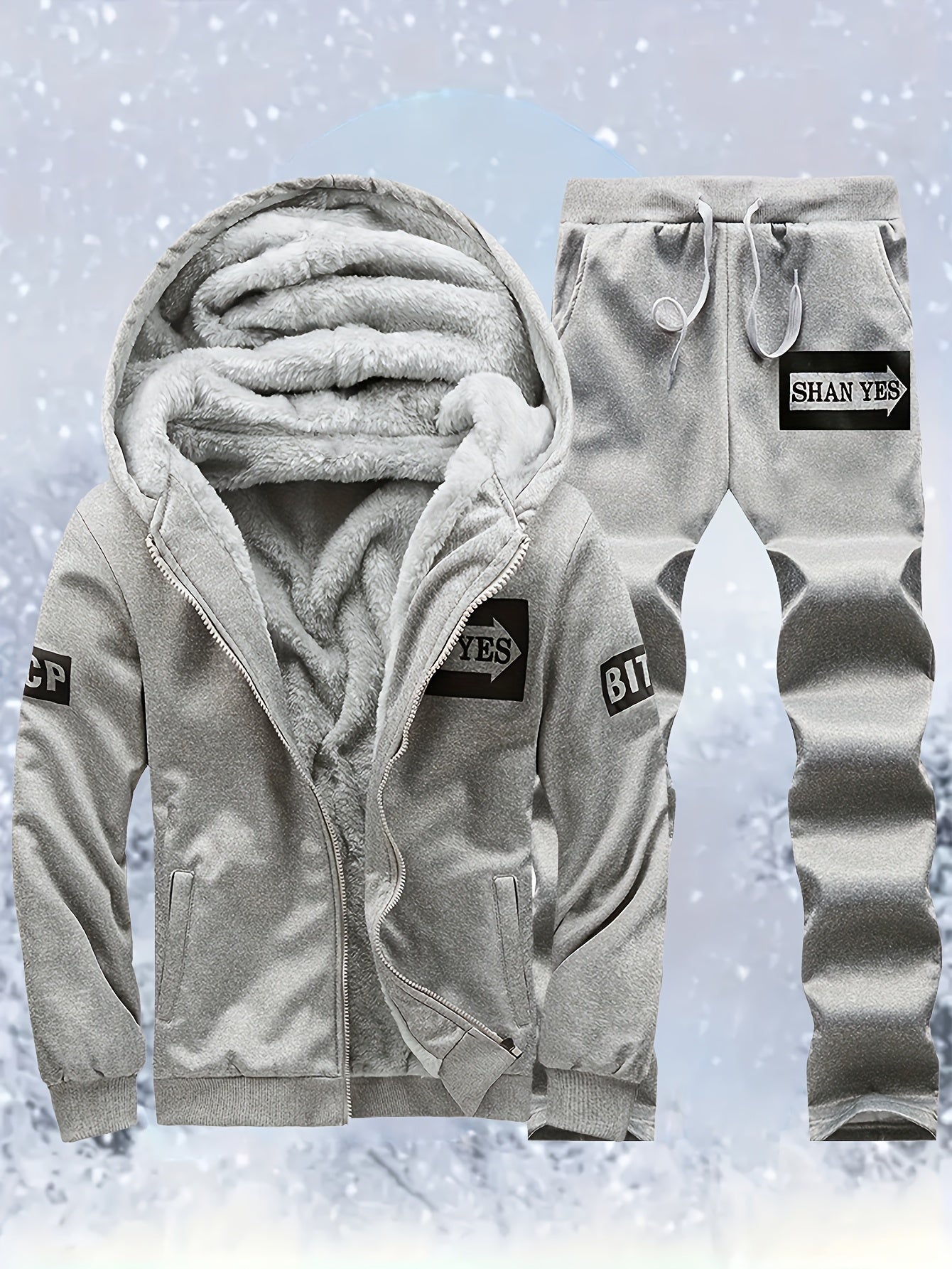 Men's "SHAN YES" Alphabet Print Fuzzy Lining Hooded Sweatshirt And Joggers Set, Warm Athletic Outfit For Running And Outdoor Fitness, Autumn And Winter
