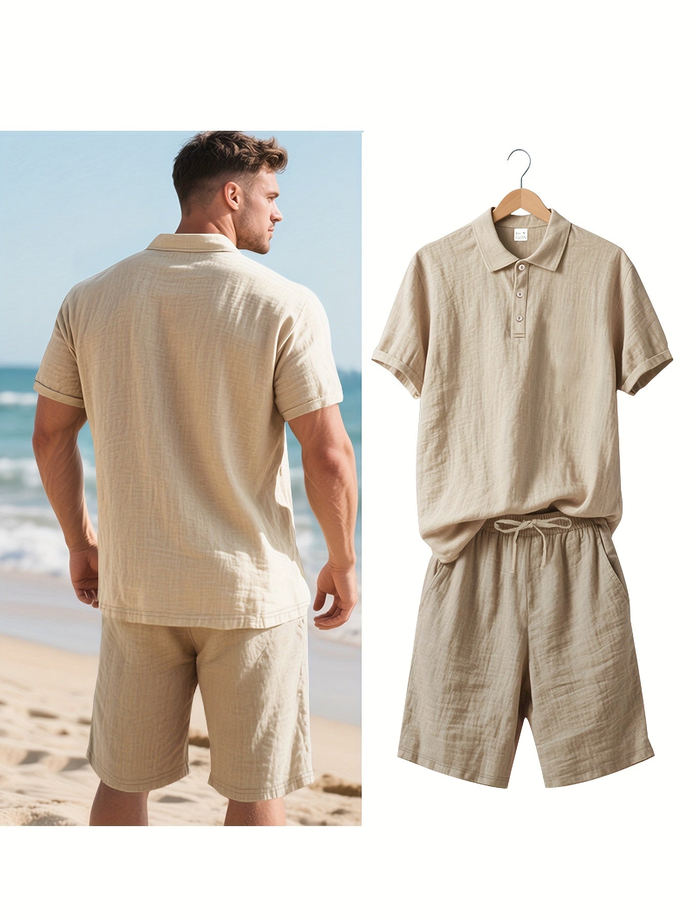 Essential for a Cool Summer! Men's Linen Shirt & Shorts Set, Comfortable Casual Outing Choice - Simple Beach Vacation Style Solid Color Linen