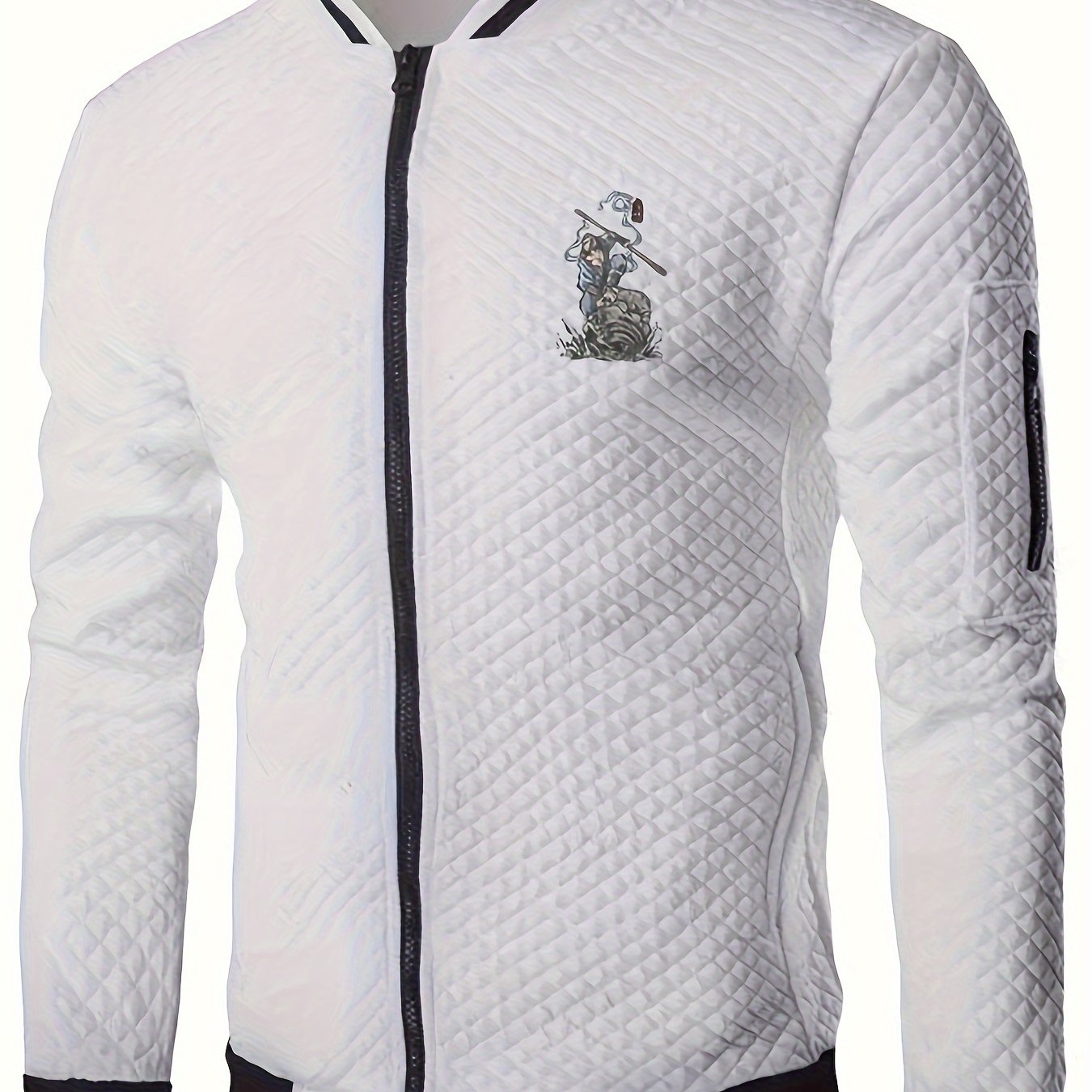 Men's Casual Stand Collar Jacket - 100% Polyester Knit Fabric with Slight Stretch, Solid Color Zippered Spring/Fall Outerwear with Cartoon Embroidery