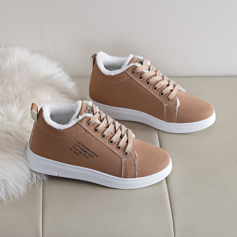Women's Thermal Winter Shoes - Synthetic Cover Lace-Up Low-Top Boots with Plush Lining & Arch, Warm Brown/Tan Color, Rubber Sole & PVC Cushioning - Cold-Weather Shoes for Winter, Hand Wash or Dry Clean, Faux Cover Exterior, S