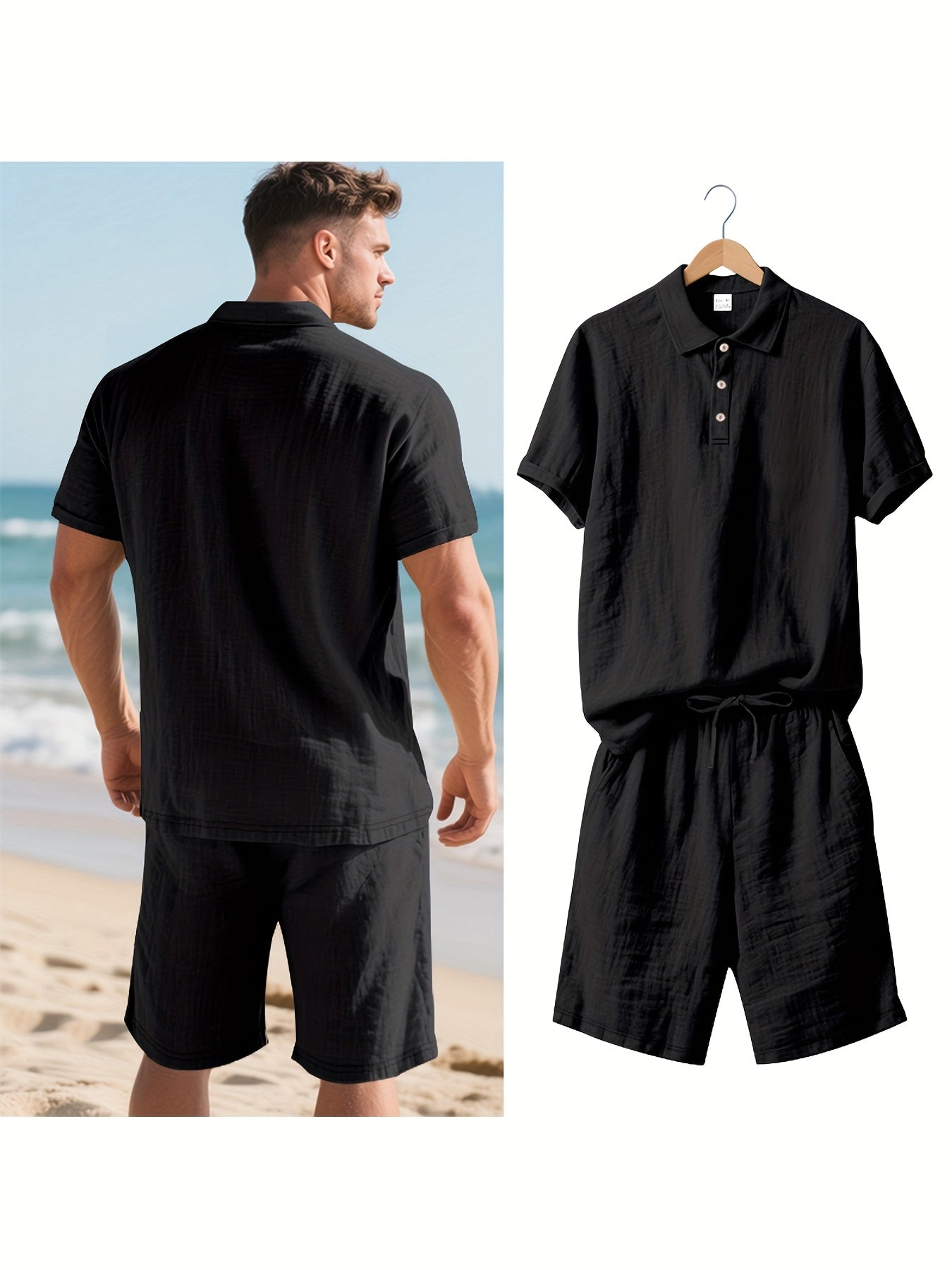 Essential for a Cool Summer! Men's Linen Shirt & Shorts Set, Comfortable Casual Outing Choice - Simple Beach Vacation Style Solid Color Linen