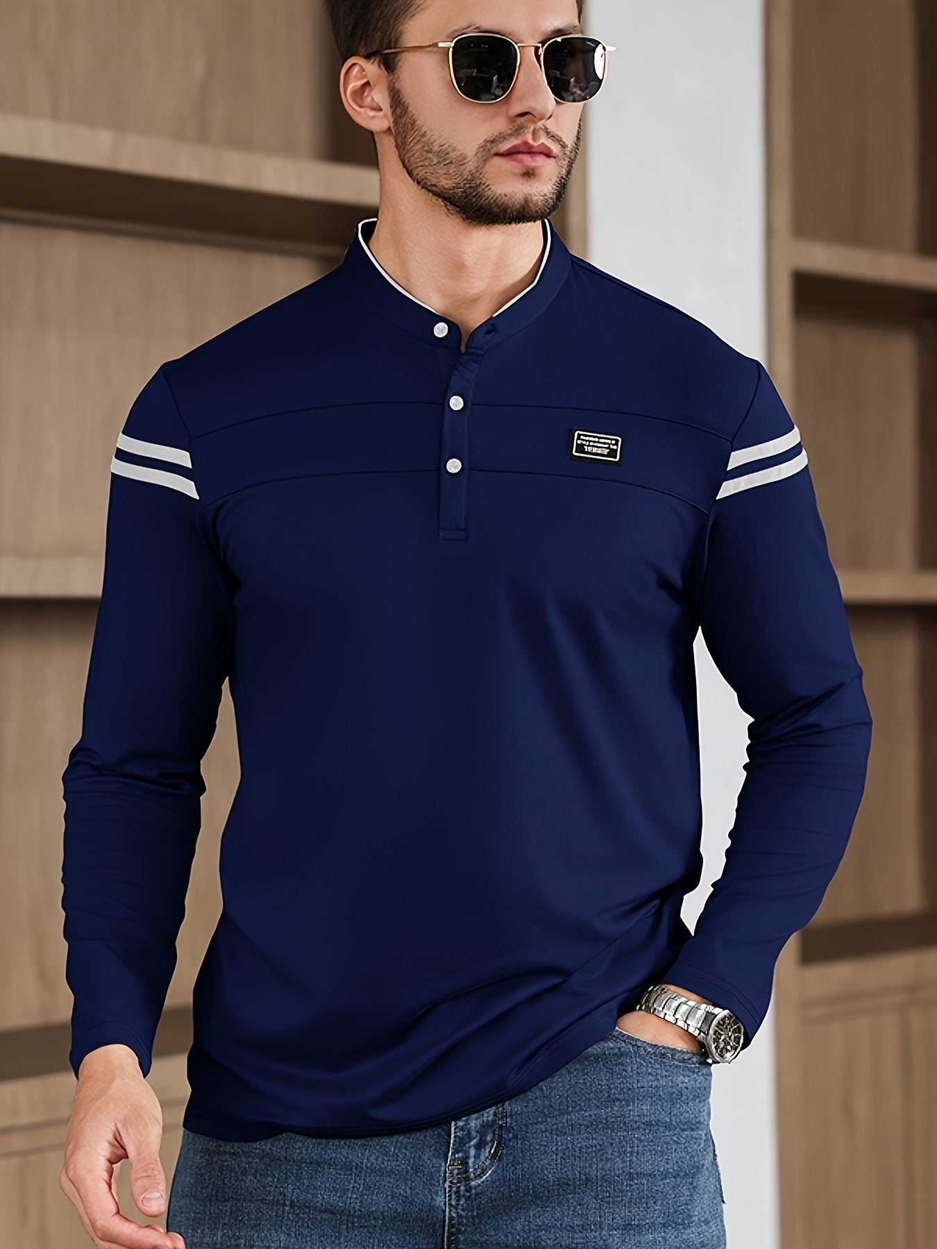 Men'S Casual Long Sleeve T-Shirt - Solid Color with Stand Collar Stripe Polo, Button-Up Front, Ideal for Outdoor Activities