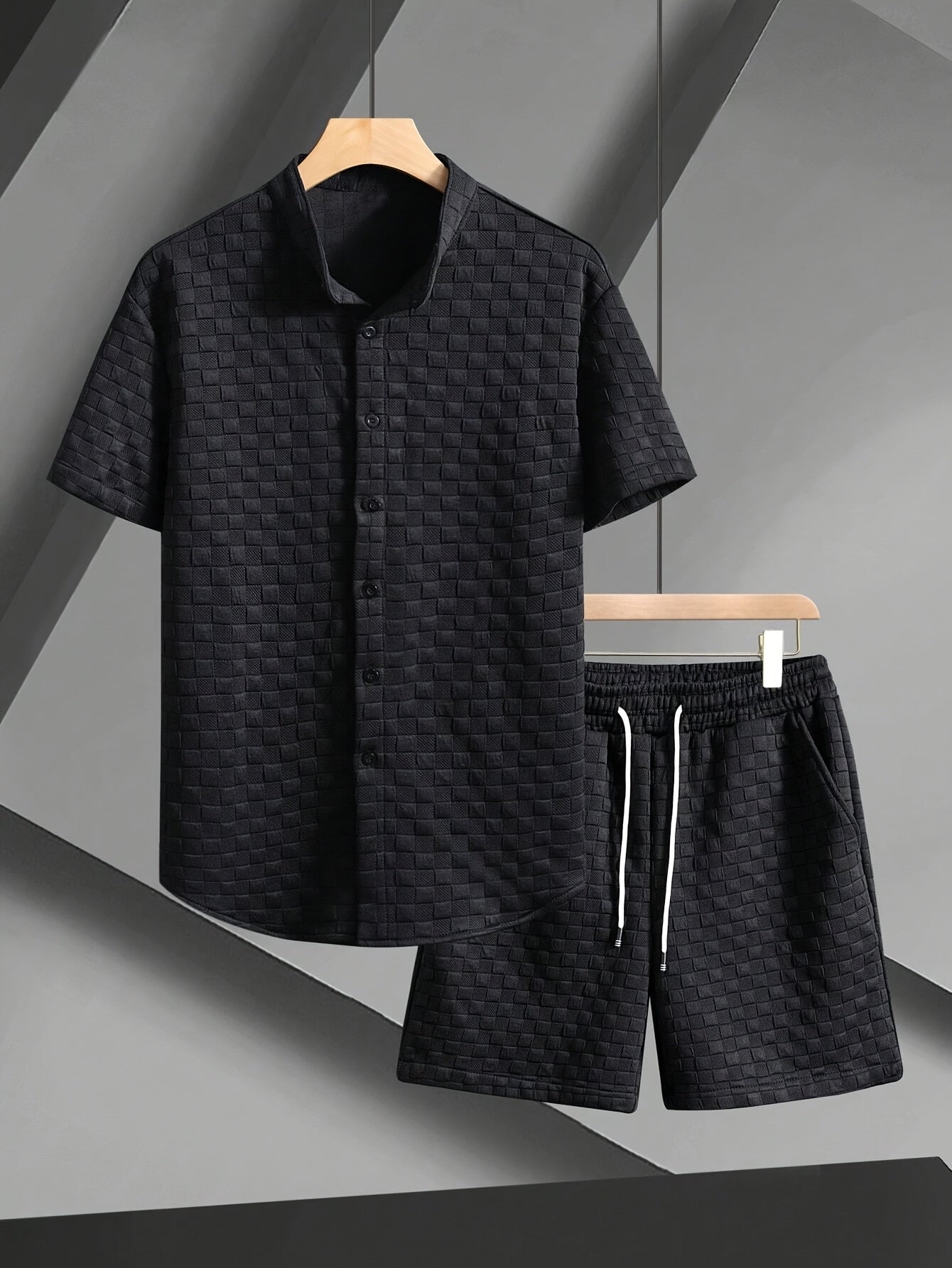Men'S Casual Short Sleeve Button-Up Shirt & Shorts Set - Solid Black, Breathable Polyester Blend, Regular Fit for Summer, Everyday Comfort, Casual Summer Wear | Buttonup Shirt | Polyester Blend