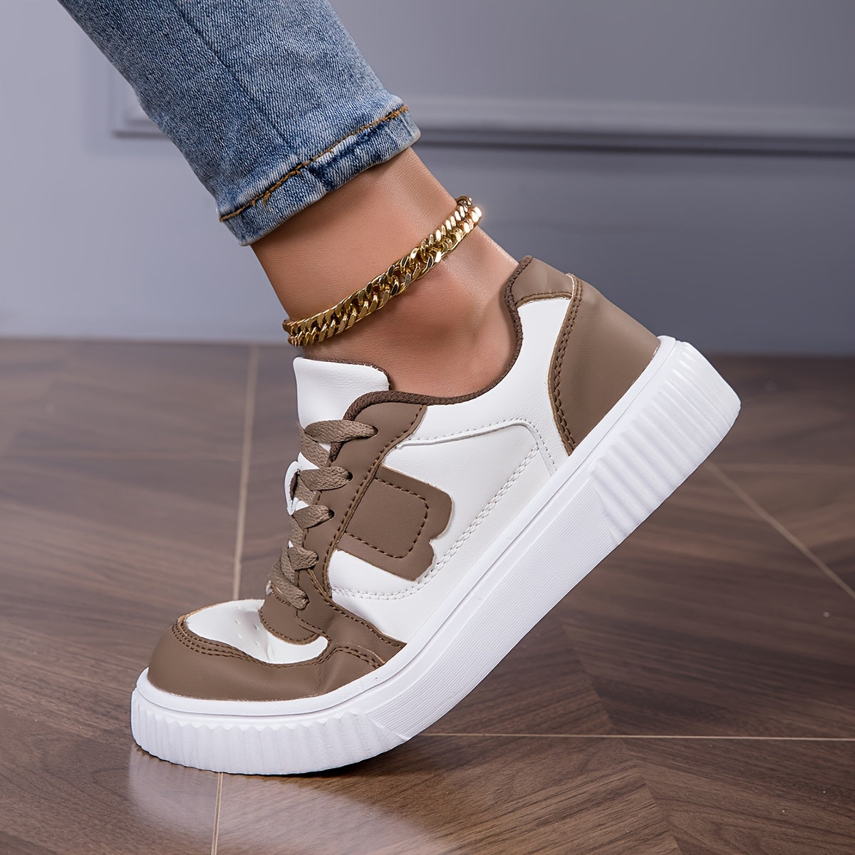Women's Plus Size Lightweight Casual Sneakers - Thick Sole Slip-Resistant EVA Sole, Breathable Mesh Lining, Round Toe Lace-Up Design, All-Season Comfort, Two-Tone Color Options (White/Brown)