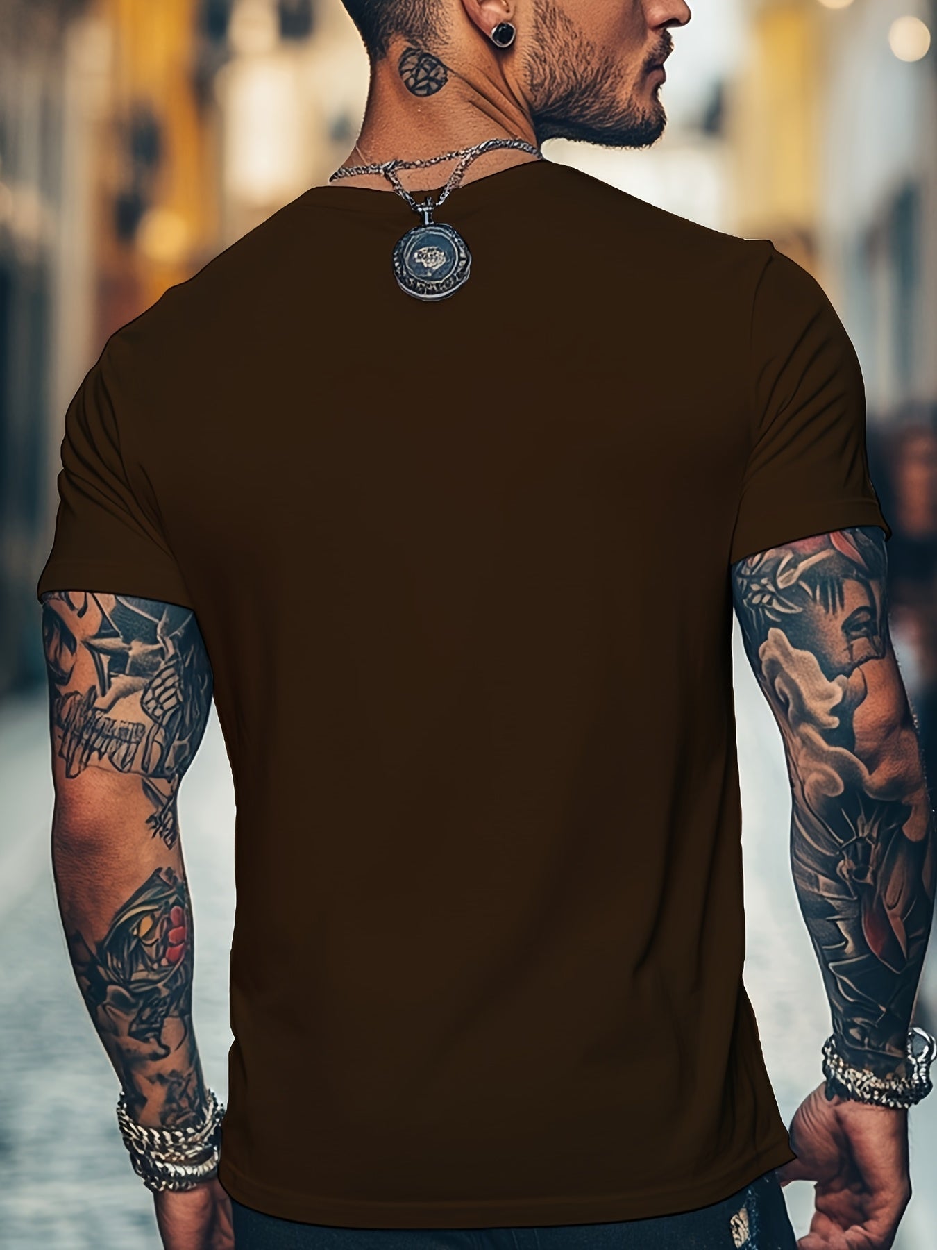 Men'S Brown T-Shirt with ECG Heartbeat Graphic - Casual Streetwear, Short Sleeve, Round Neck, Stretch Fabric, All-Season Comfort, Casual Streetwear Tee Round Neck Tshirt Comfortable Fit