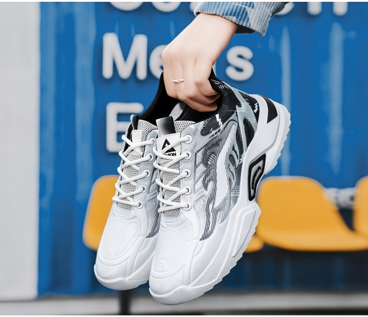 Men's Sneakers - Lightweight Cushioned Platform Sneakers with Lace-Up Closure, Non-Slip PVC Sole - Breathable Gym, Running, Casual Shoes in Grey/Black colorway - for Everyday Light Hiking, Gym Shoes