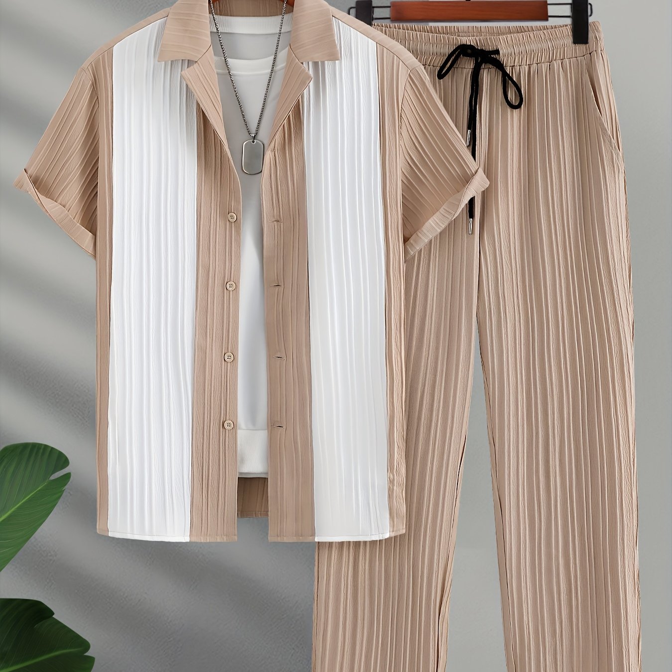 New Men's Colorful French Stripe Short Sleeve Shirt and Trousers Set
