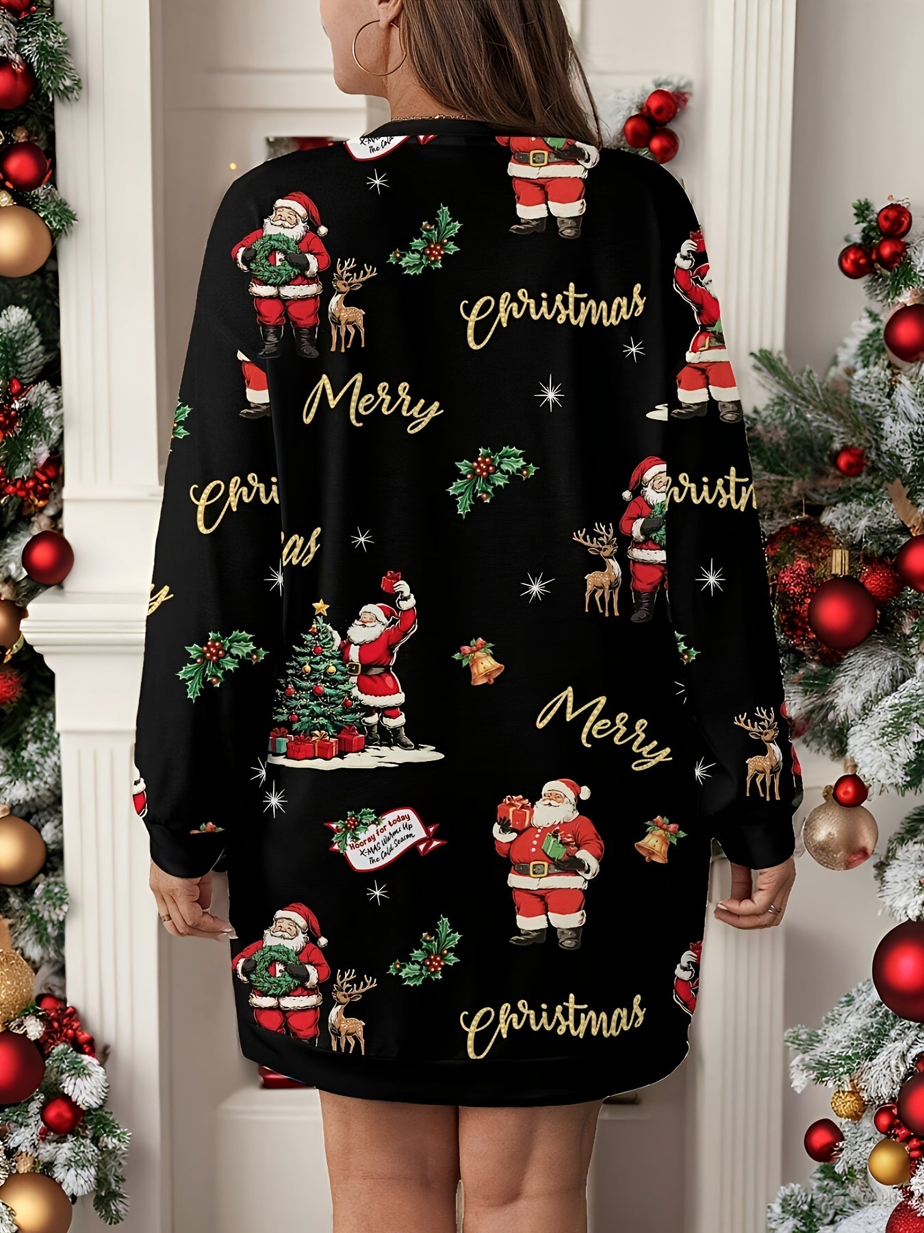Plus Size, Fashionable and Elegant Autumn/Winter Simple Santa Claus Print Round Neck Sweatshirt for Plus Size Women - Comfortable and Versatile