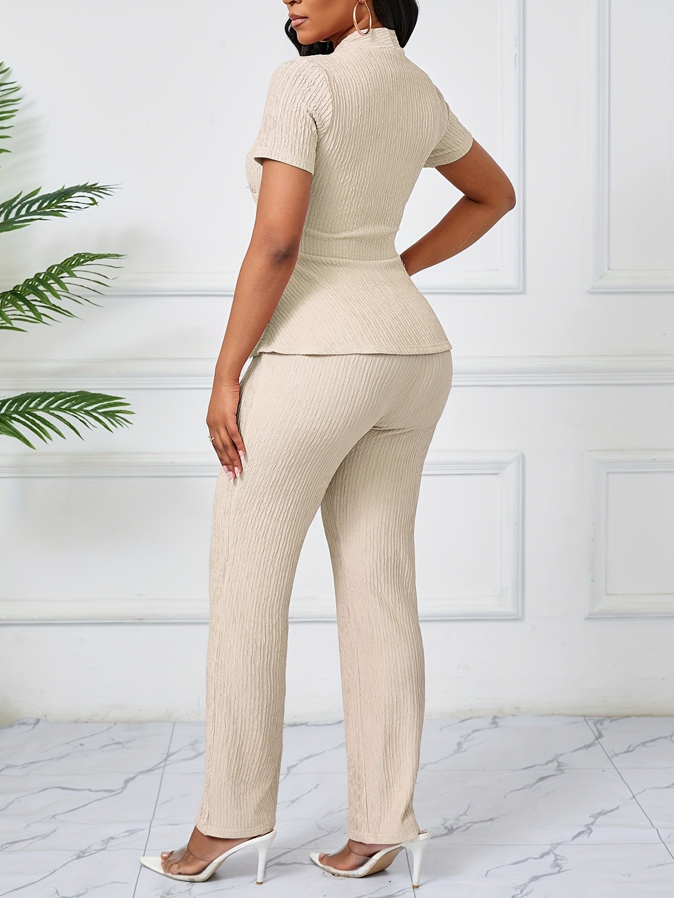 Women's Elegant Casual Solid Color Textured Pants Set
