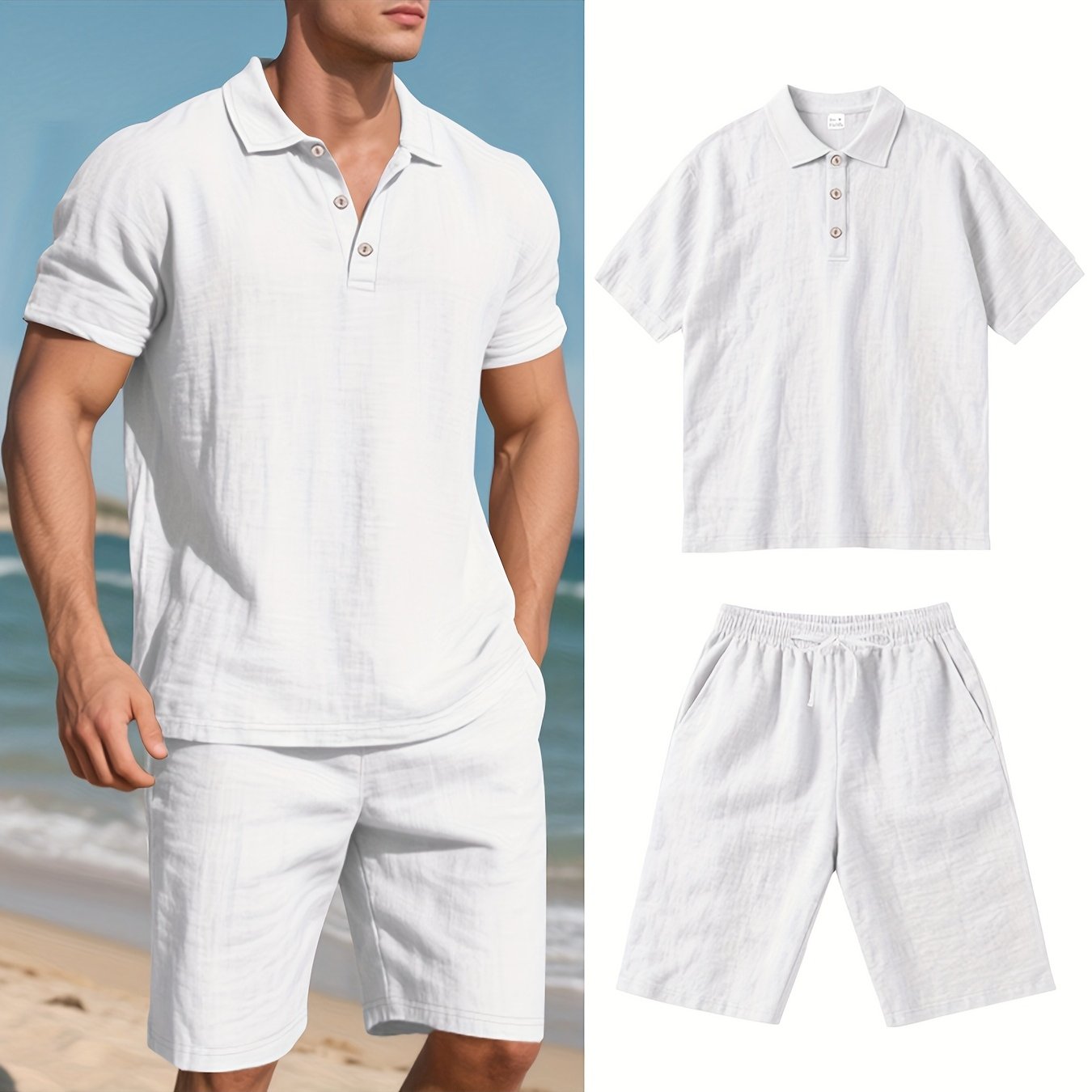 Essential for a Cool Summer! Men's Linen Shirt & Shorts Set, Comfortable Casual Outing Choice - Simple Beach Vacation Style Solid Color Linen