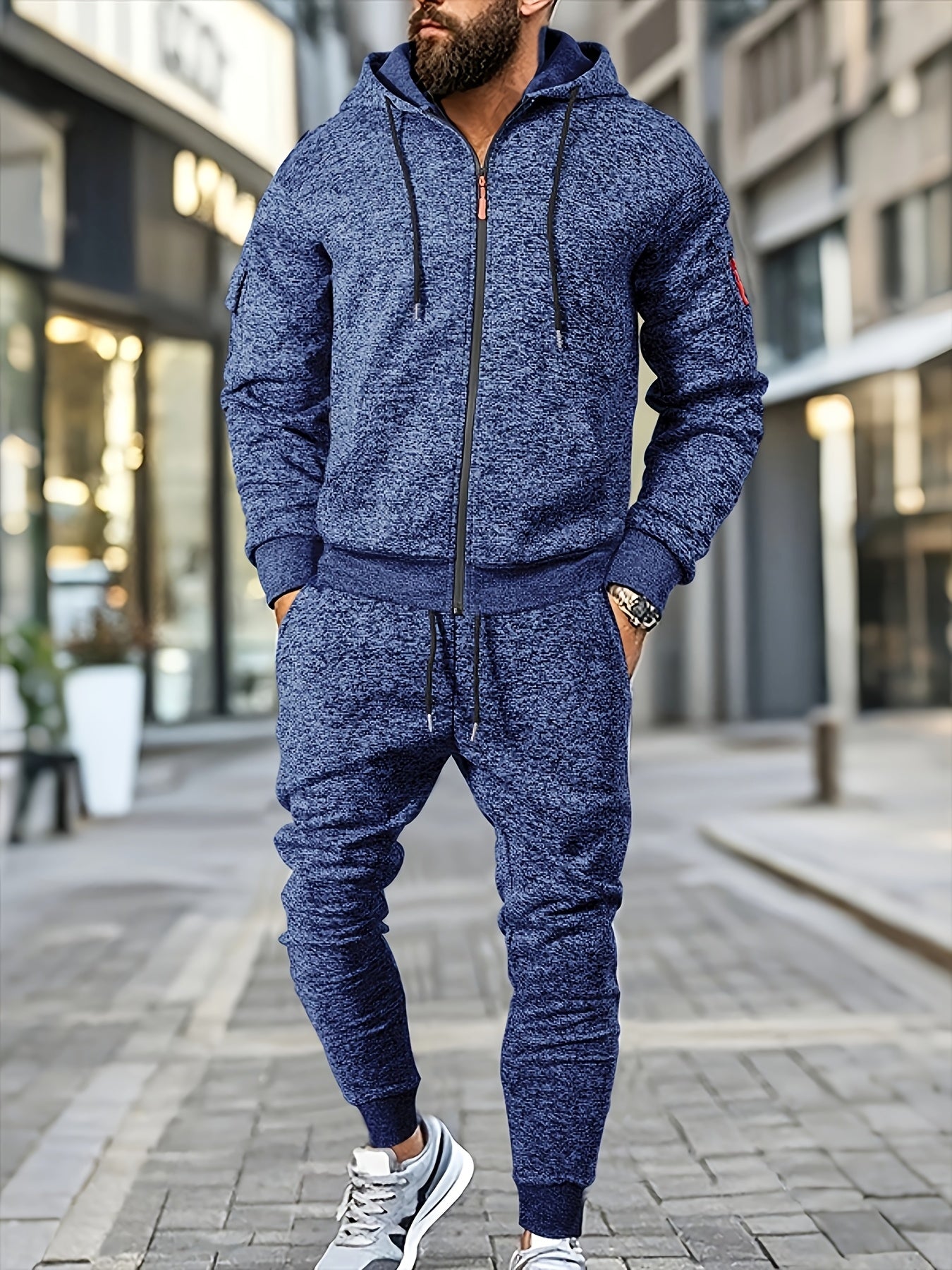 Men's Casual Sports Hoodie and Pants Set with Zipper, Drawstring, Fleece-Lined - Polyester Blend, Machine Washable