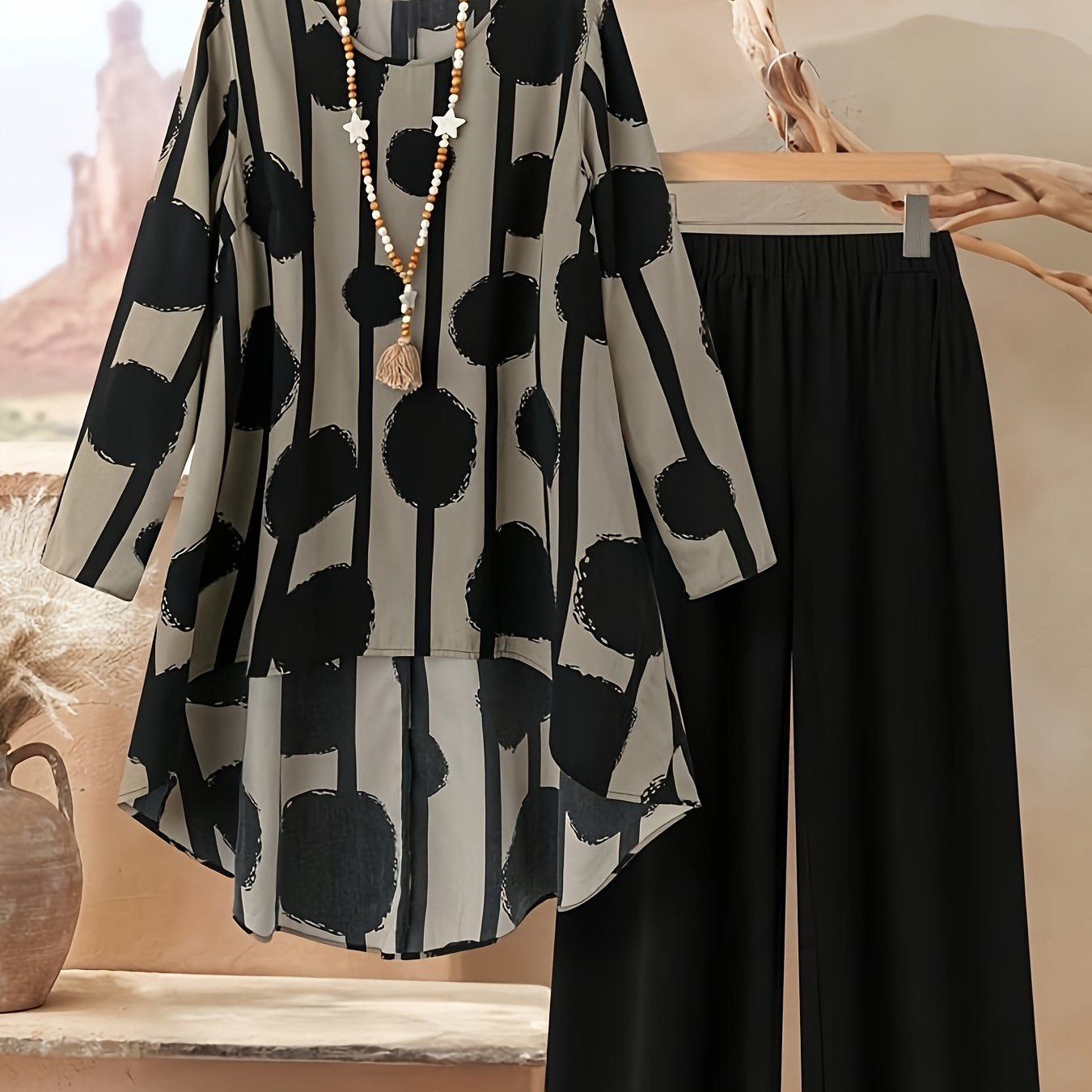 Women's Two-Piece Set with Geometric Pattern Round Neck Long Sleeve, Loose Hem Front Short Back Top and Pants, Casual Style, Summer/Autumn Wear, Mid-Length Tops, Solid Color Trousers, Long Sleeve Outfit
