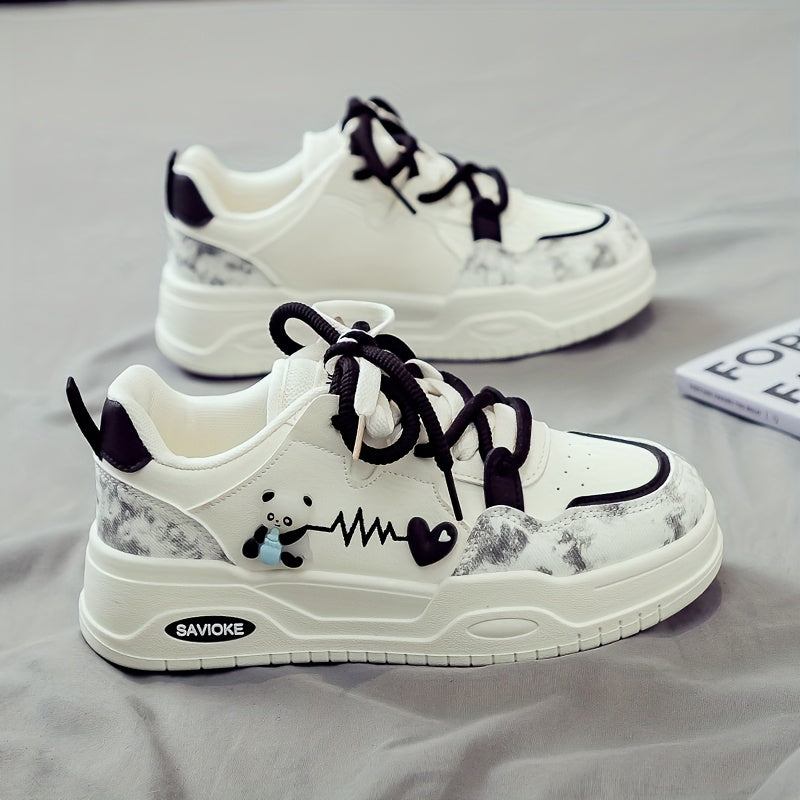 Women's White Mid-Top Sneakers with Bear Heart Stripes Design - PU Cover Upper, Thick Cushioned PVC Sole - Trendy Casual Shoes for All-Season Comfort