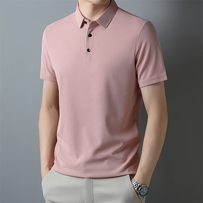 Men's Solid Short Sleeve And Lapel Collar Henley Shirt, Casual And Comfy Sports Tops For Summer Golf Wear And Outdoors Activities