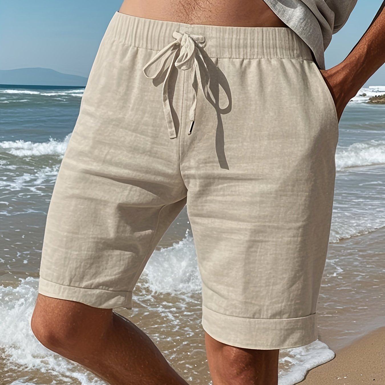 Men'S Light Blue Linen Shorts - Casual & Comfortable with Pockets, Drawstring Waist, Perfect for Summer Beach Outings and Casual Attir