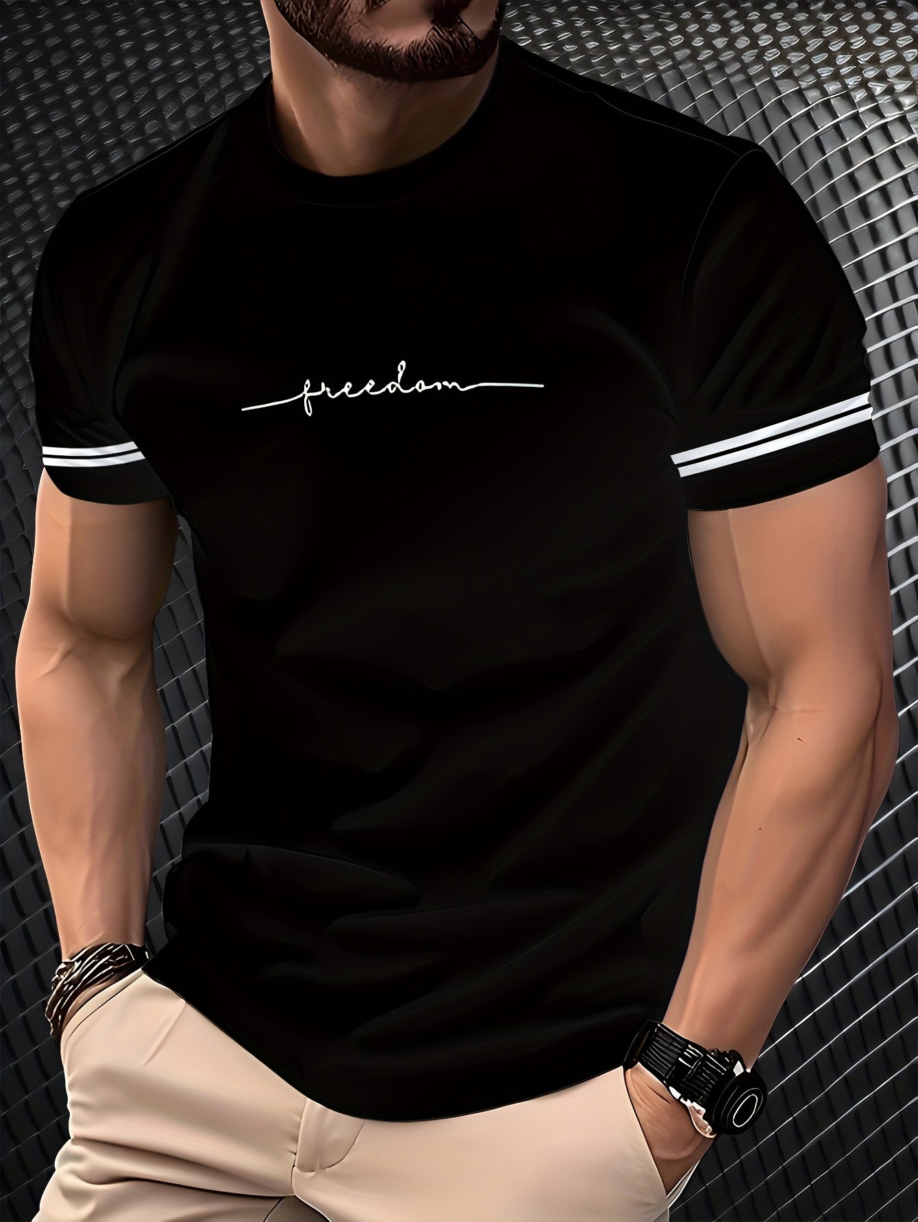 Men'S "Freedom" Graphic T-Shirt - Black Casual Crew Neck Tee with White Stripes, Breathable Polyester Blend, Regular Fit for Casual Attire, Everyday Tshirt Bold Print Tee Comfortable Fit, Knit
