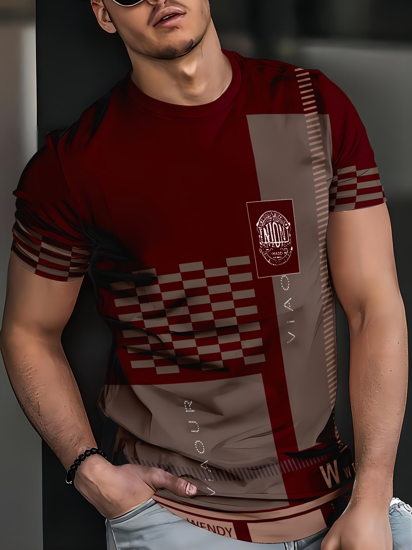 Men'S Navy Brown Plaid Short Sleeve T-Shirt - "Union" Logo, Casual Crew Neck, All-Season Comfort, Regular Fit, Casual Attire Plaid Pattern Top Glossy Finish, PLUS SIZE