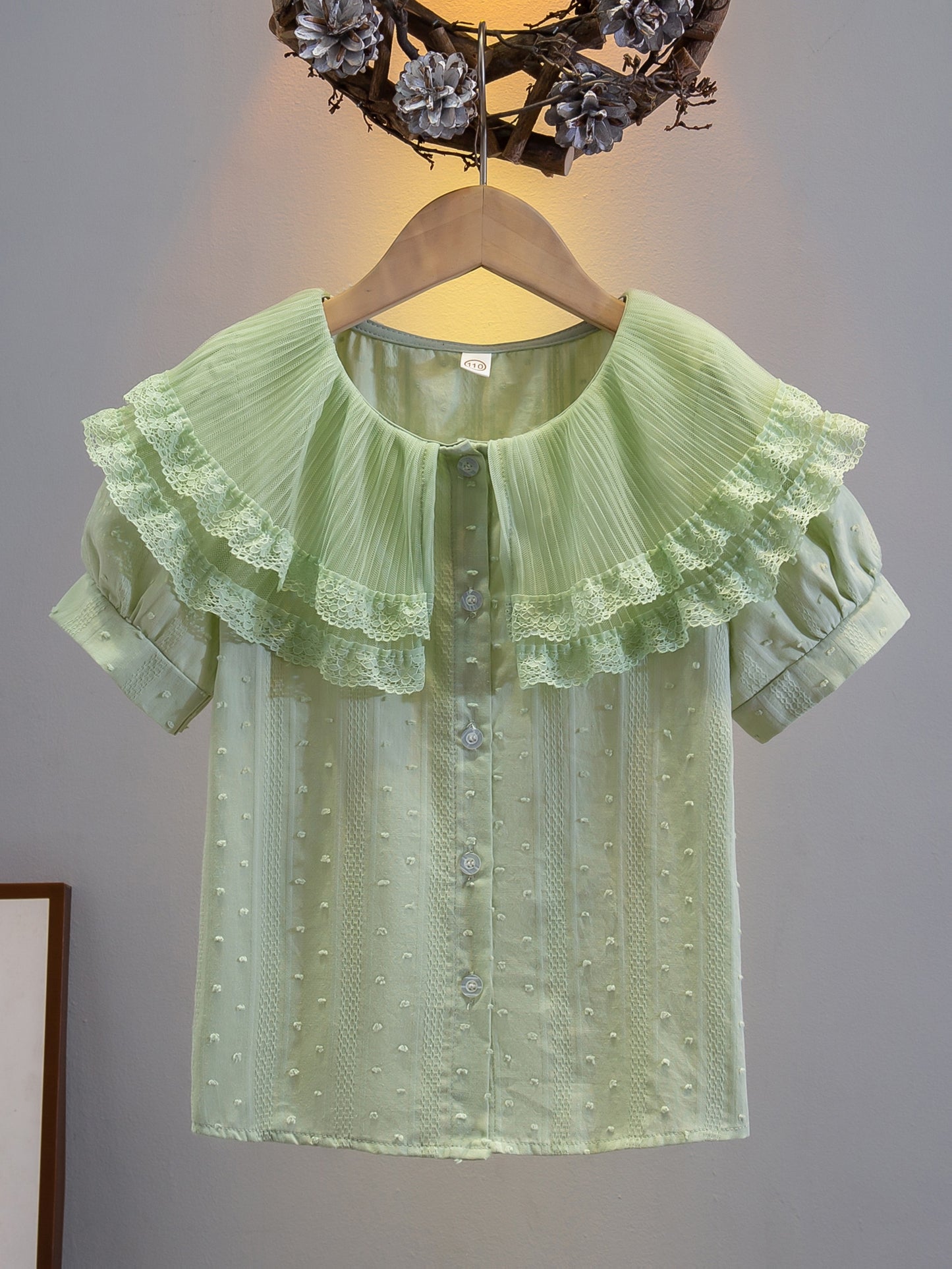 Girls' Summer Short Sleeve Shirt with Lace Collar, Preppy Style