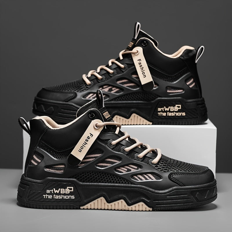 Men's High Top Fashion Sneakers Graphic Print Lace-Up Casual Skateboard Shoes with Round Toe, PU Mesh Upper, Fabric Lining, and Rubber Sole