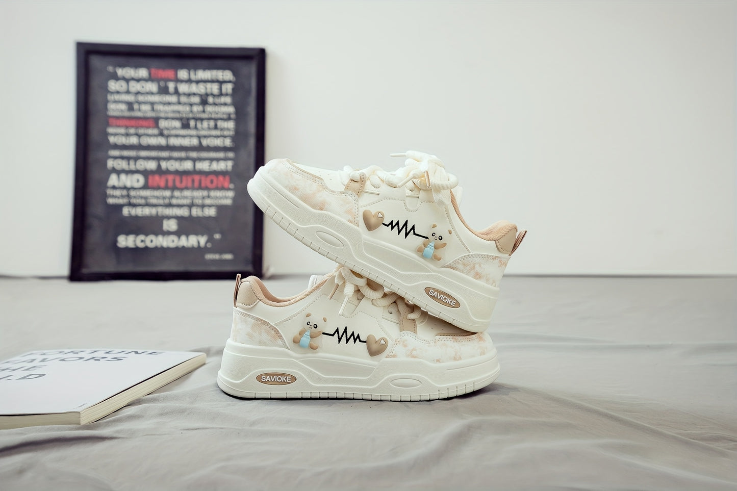 Women's White Mid-Top Sneakers with Bear Heart Stripes Design - PU Cover Upper, Thick Cushioned PVC Sole - Trendy Casual Shoes for All-Season Comfort