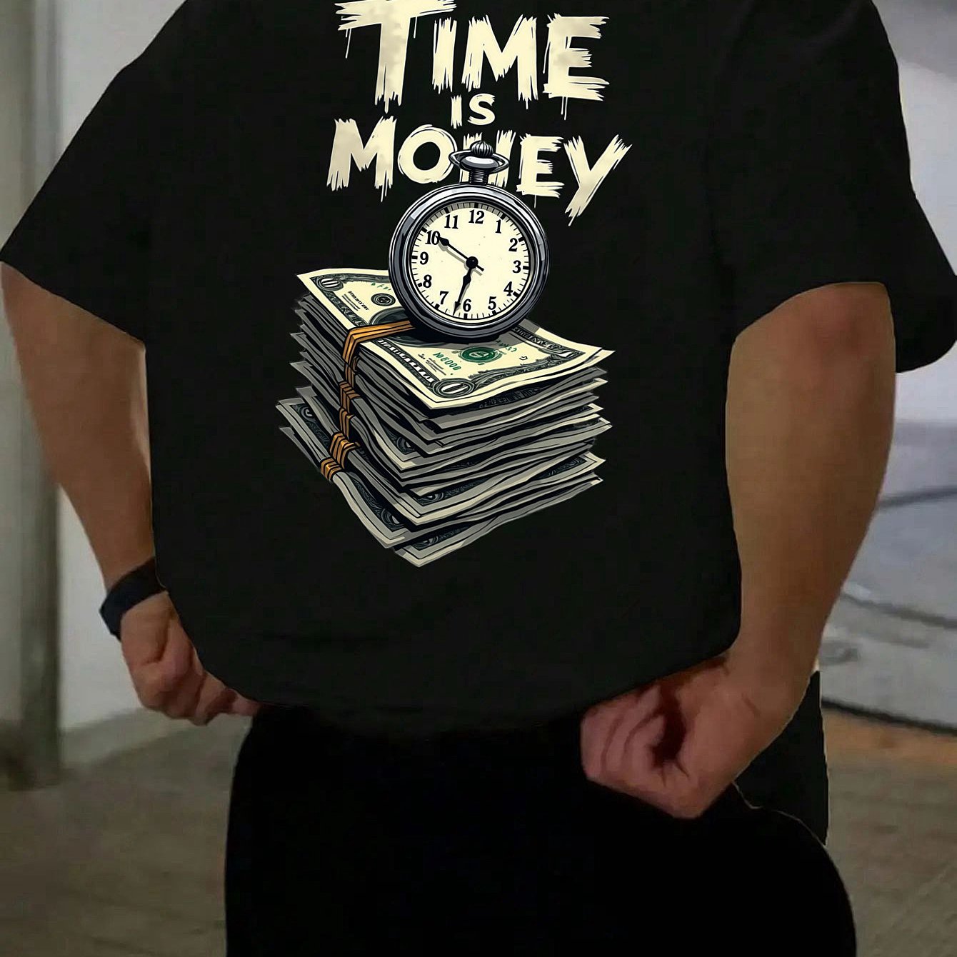 Men'S Casual Short Sleeve T-Shirt with "Time is Money" Clock Stack of Cash Graphic - Lightweight Polyester, Loose Fit, Round Neck, Perfect for Spring Summer Outdoor Wear, Relaxed Fit Shirt Bold Graphic Tee Glossy Text