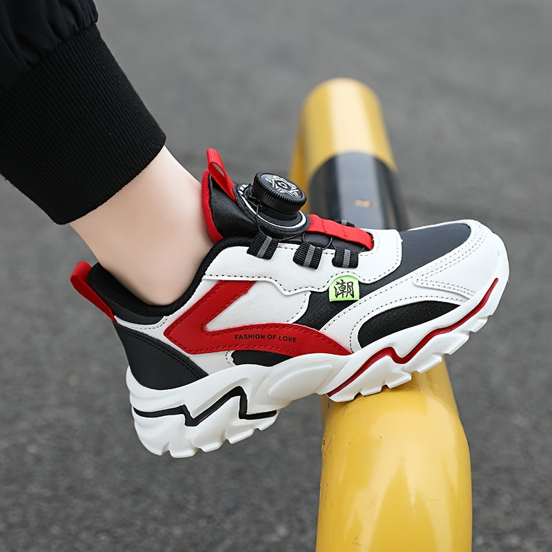 Boys' Fashion Sneakers with Striped Design - Casual Sports Running Shoes with Rotary Buckle Closure, Low Top PU Upper, Fabric Lining, EVA Sole, All-Season Comfort for Daily Wear - Tassel Detail, Round Toe for Ages 14 and Unde