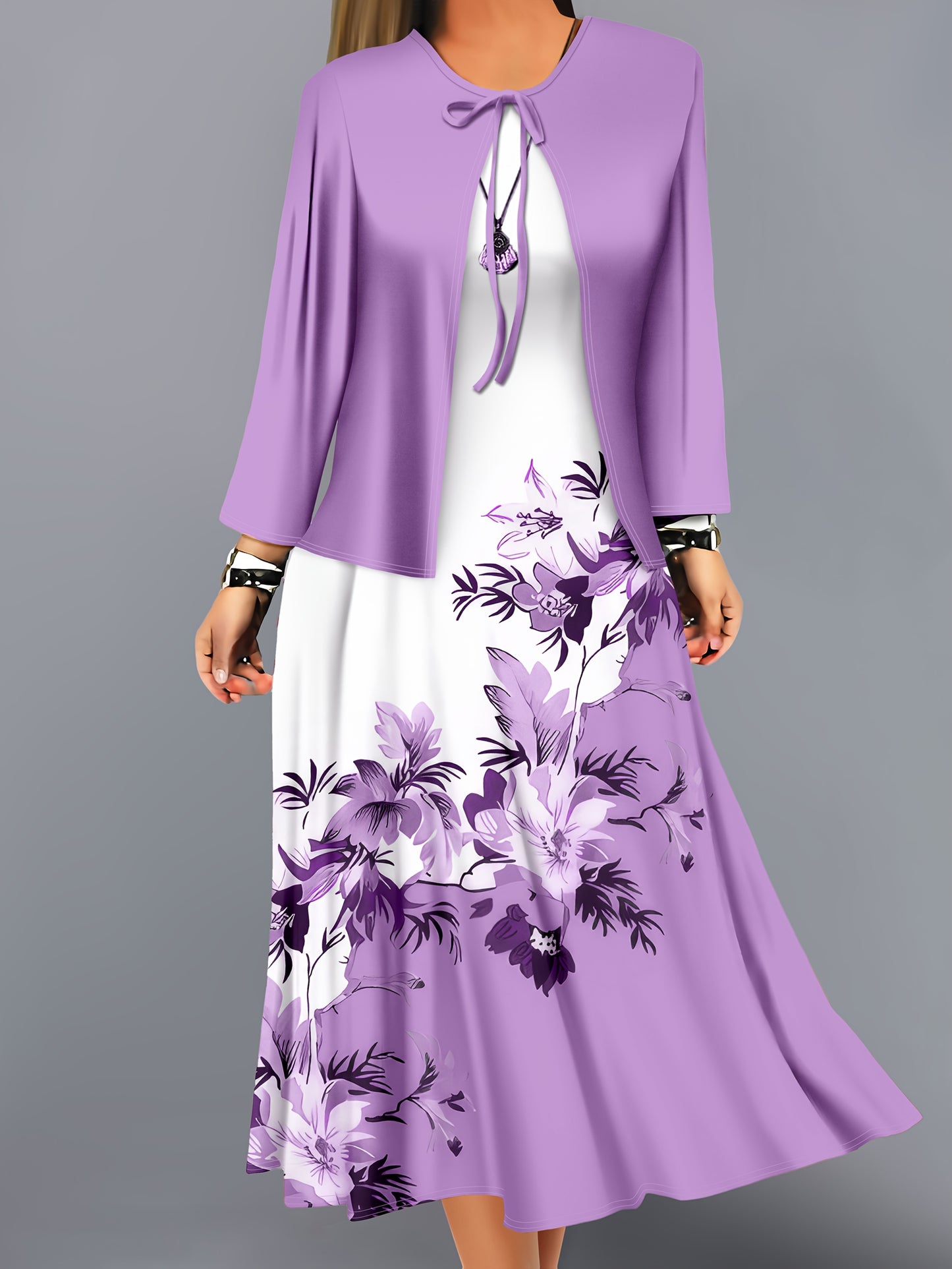 Fashion Women's solid color small cardigan and floral print patchwork dress two-piece set