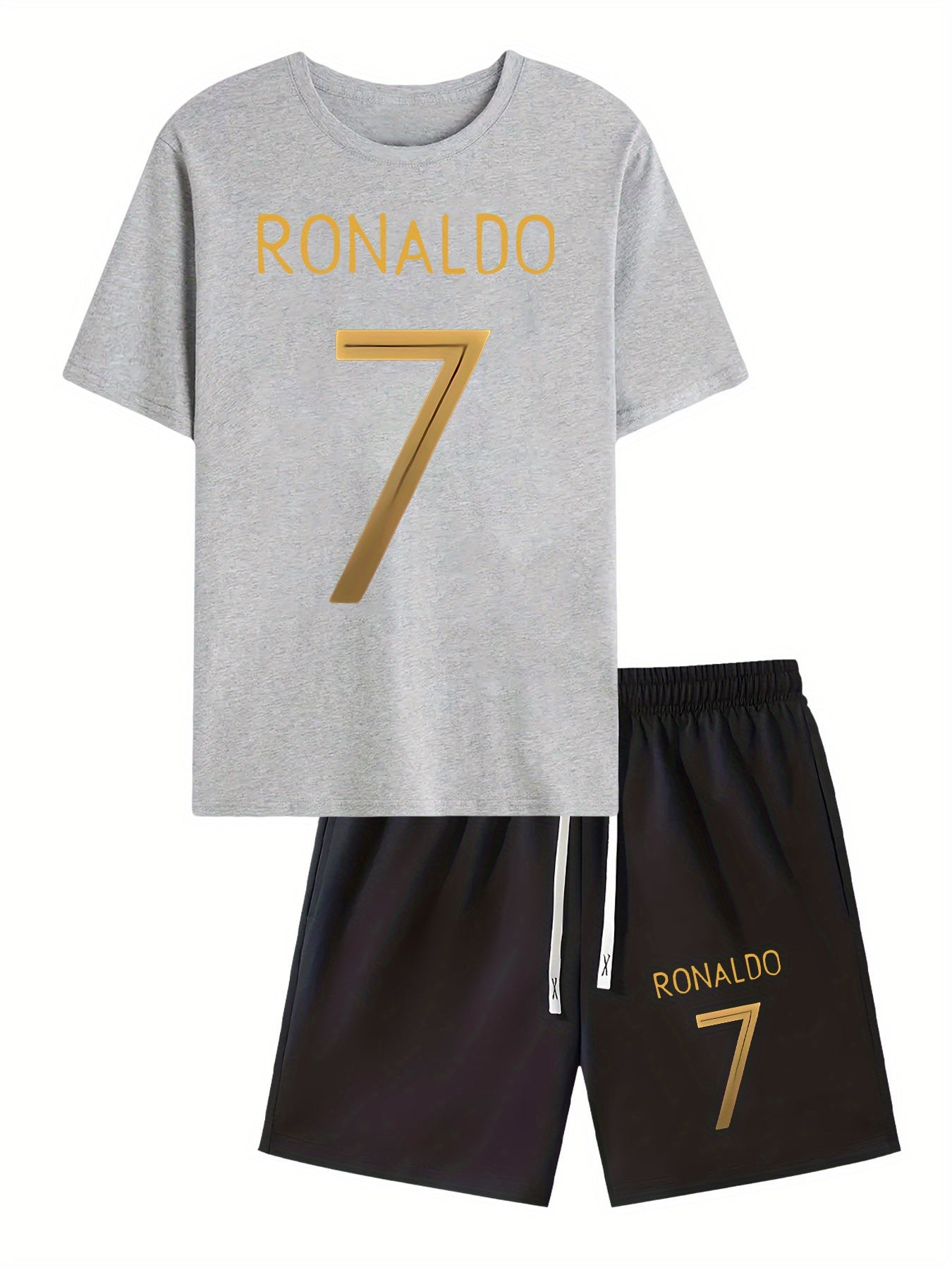 Ronaldo 7 Print Men'S Short Sleeve T-Shirt and Waistband Shorts 2pcs Casual Sports Regular Top & Bottom Set, Suitable for Spring/Summer