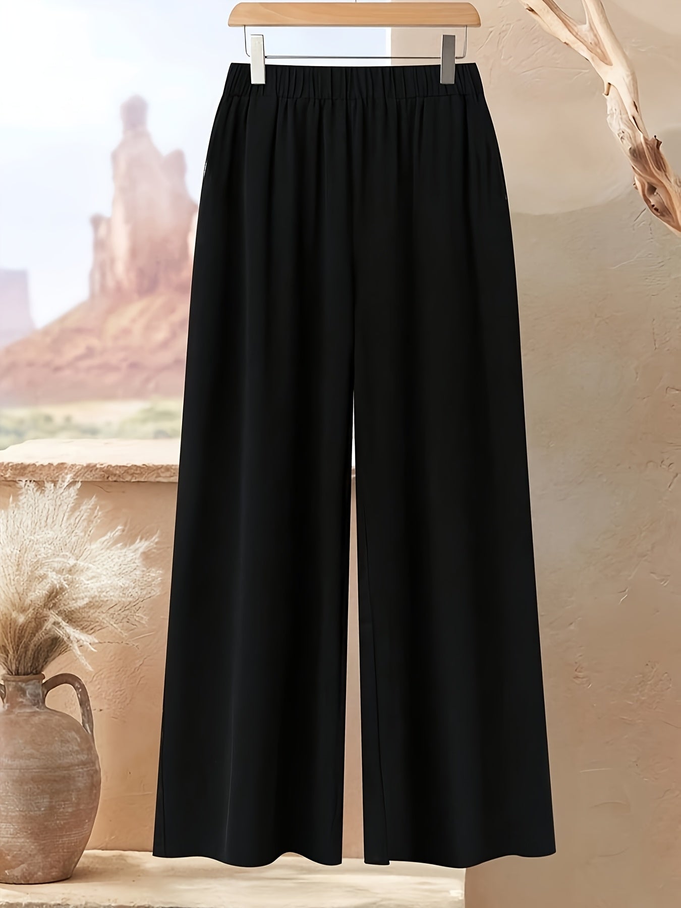 Women's Two-Piece Set with Geometric Pattern Round Neck Long Sleeve, Loose Hem Front Short Back Top and Pants, Casual Style, Summer/Autumn Wear, Mid-Length Tops, Solid Color Trousers, Long Sleeve Outfit