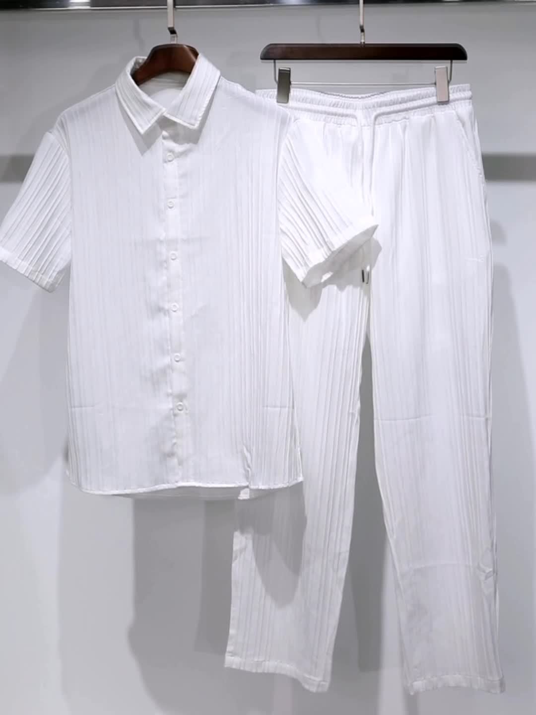 2-piece Men's Stylish Spring Summer Vacation Outfit Set, Men's Ruffled Short Sleeve Lapel Shirt & Drawstring Long Pants Set