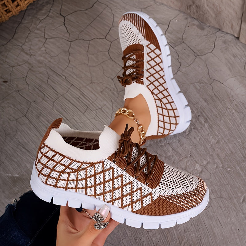 Women's Breathable Knit Sneakers - Lightweight, Lace-Up Casual Shoes with EVA Sole, Available in Brown, Purple, Orange, and Yellow Gradient - Stylish All-Season Footwear, Ladies Sneakers