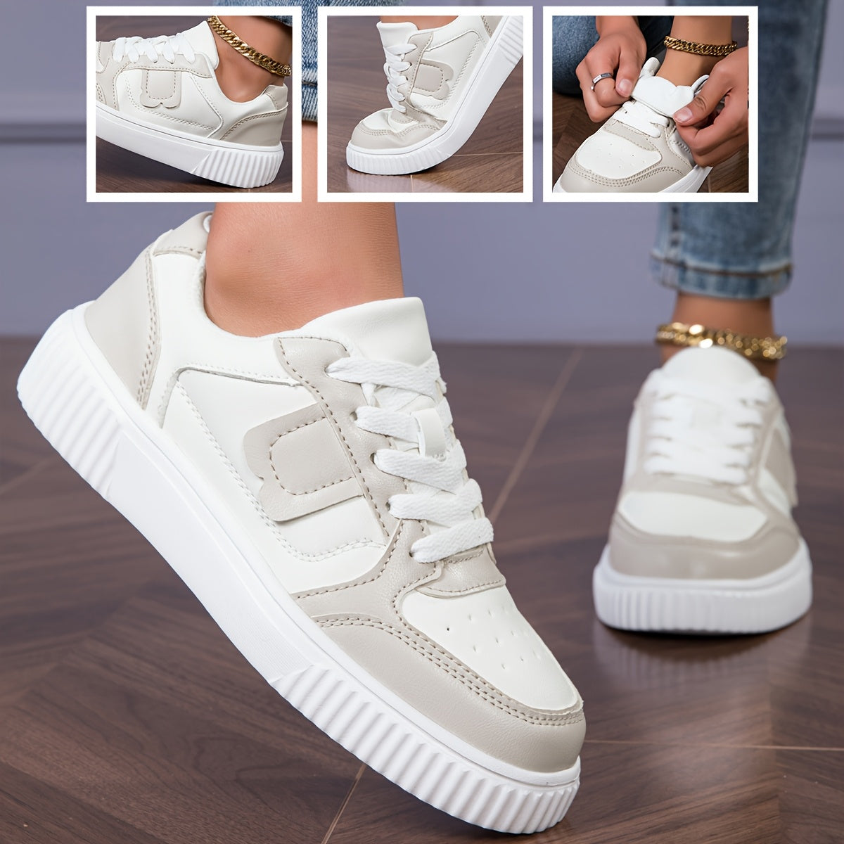 Women's Plus Size Lightweight Casual Sneakers - Thick Sole Slip-Resistant EVA Sole, Breathable Mesh Lining, Round Toe Lace-Up Design, All-Season Comfort, Two-Tone Color Options (White/Brown)