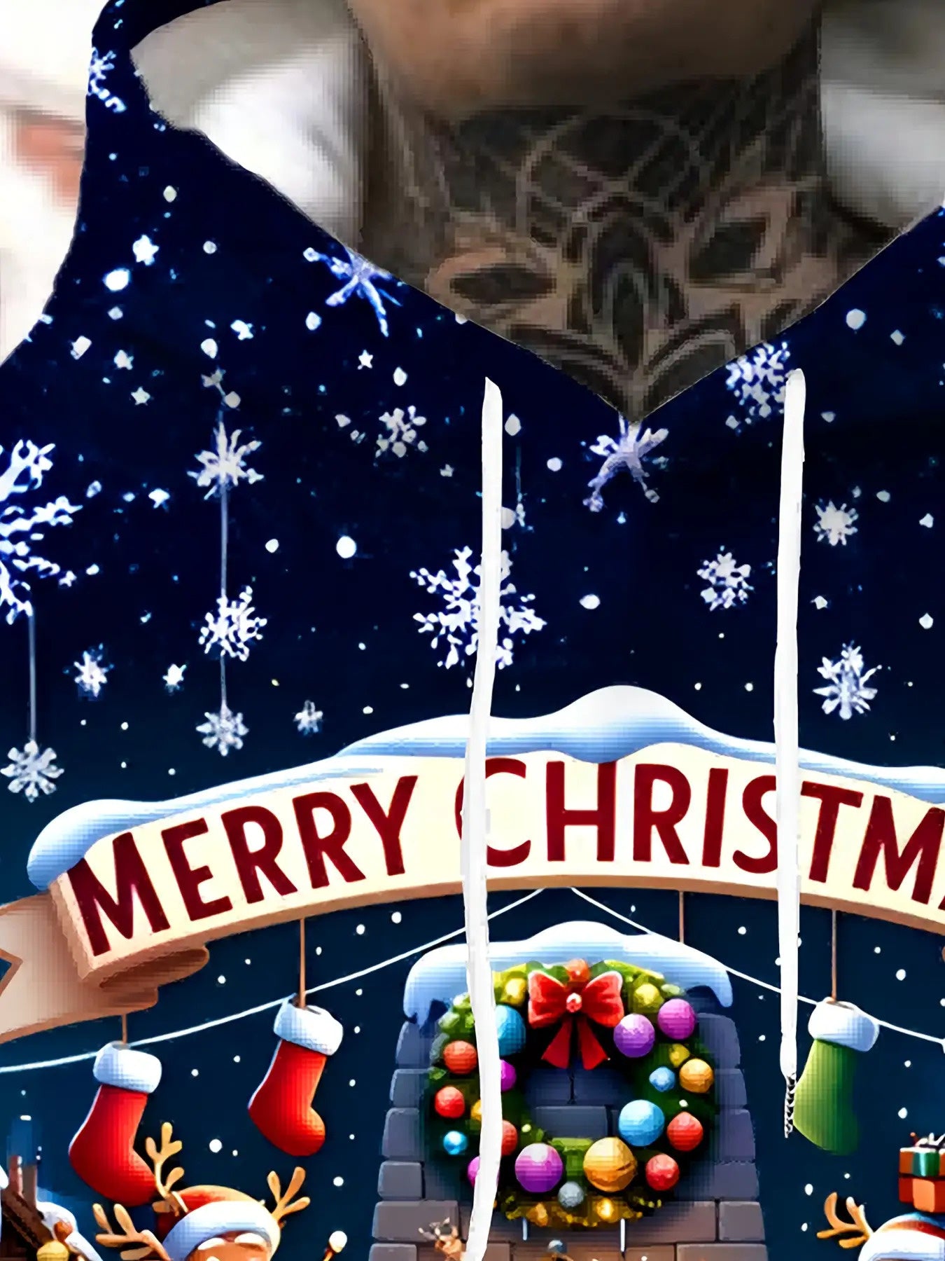 Men's 3D Christmas Print Sweatshirt - Santa Snowman Reindeer Winter Scene Hoodie with Drawstring Pocket, Fabric Gym & Streetwear, All-Season Casual Wear (Black) - Festive Gift for Xmas & Black Friday (Machine Washable), PLUS