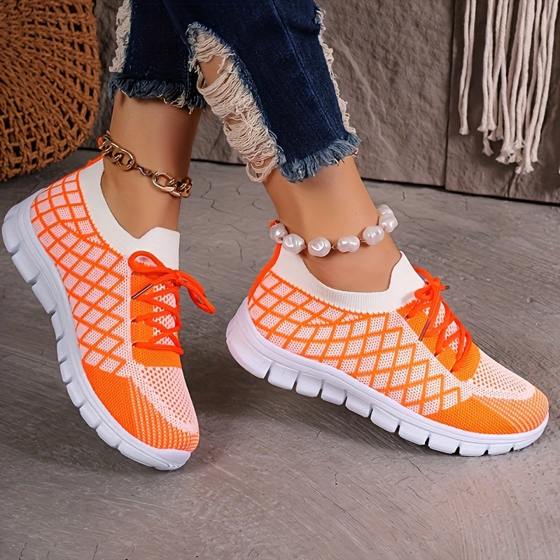 Women's Breathable Knit Sneakers - Lightweight, Lace-Up Casual Shoes with EVA Sole, Available in Brown, Purple, Orange, and Yellow Gradient - Stylish All-Season Footwear, Ladies Sneakers