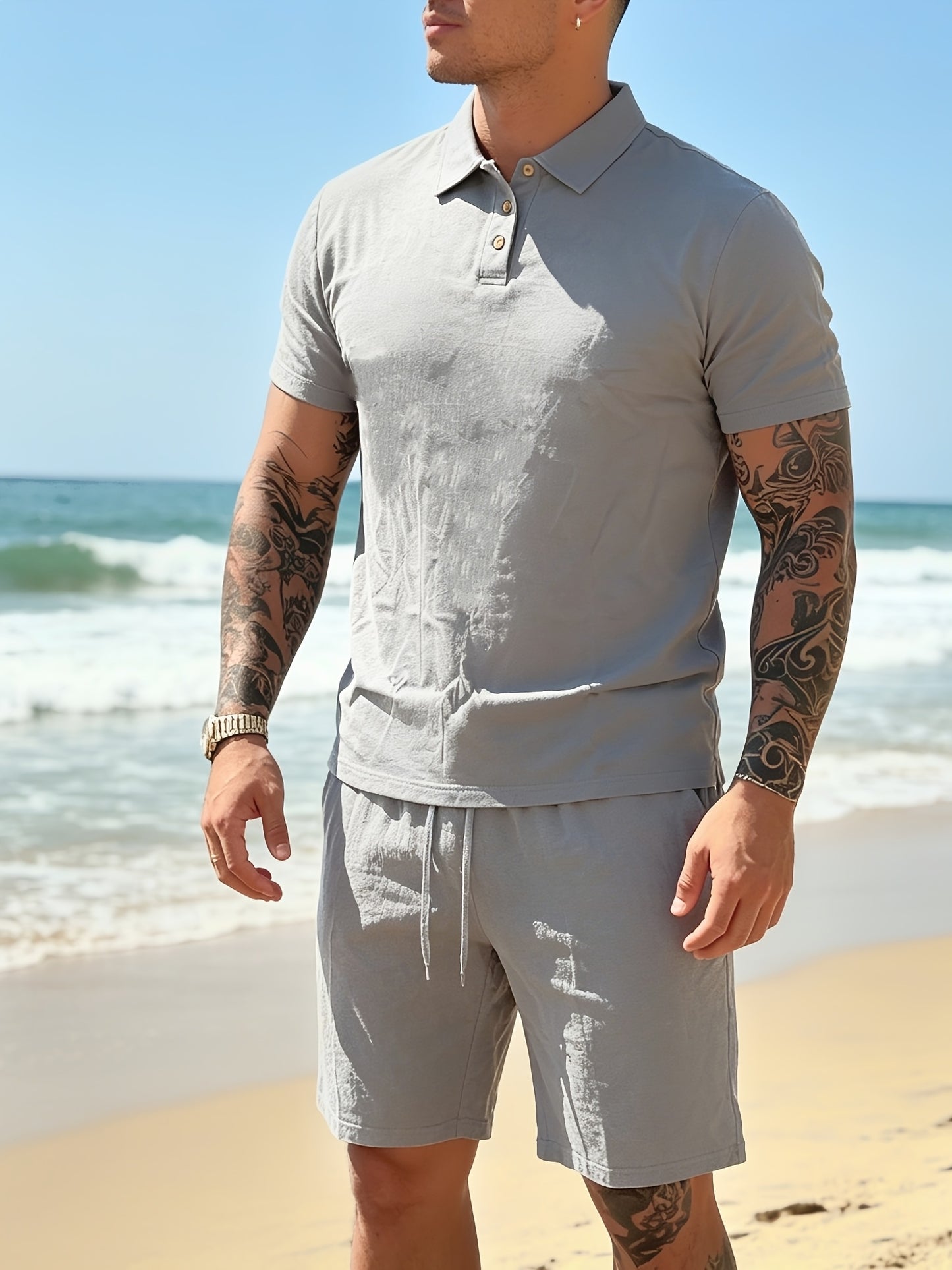 Men's Breathable Linen Polo Shirt & Shorts Summer Set