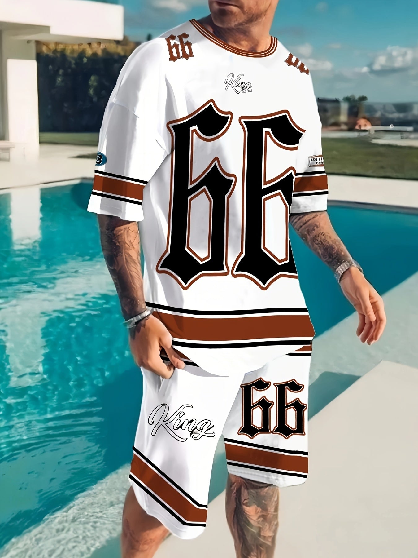 3D Adult Men's T-shirt Shorts Striped Panel Digital Printing Short Sleeve T-shirt Casual Daily Wear, Pattern T-shirt, Summer Pattern T-shirt, Pattern Men's T-shirt Shorts 1 Set of 2
