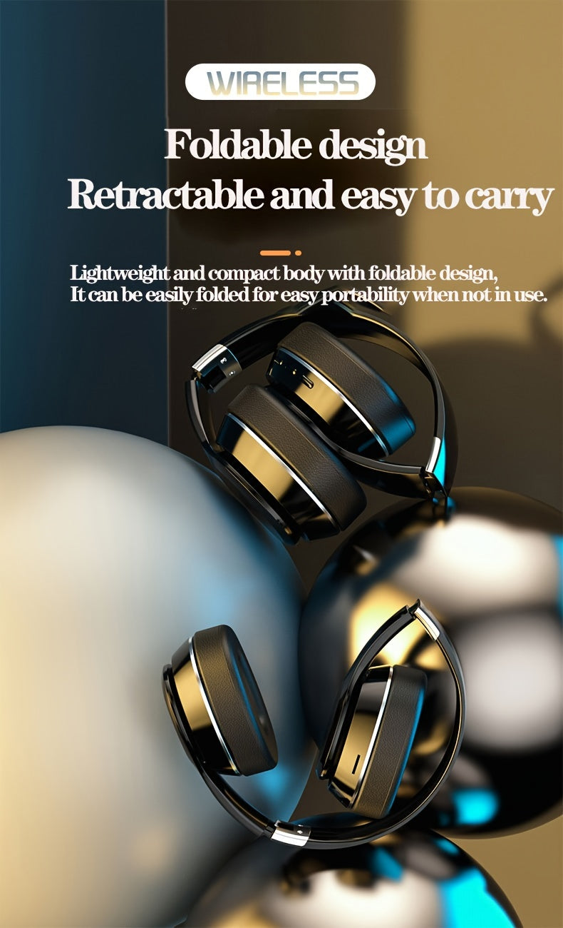 High-End Over-Ear Wireless Headphones with Metal Folding Design, Surround Sound, Wireless, TF Card/Radio Modes, USB-C Charging, Ergonomic Comfort for Sports, Gaming & Running - Blue & Golden