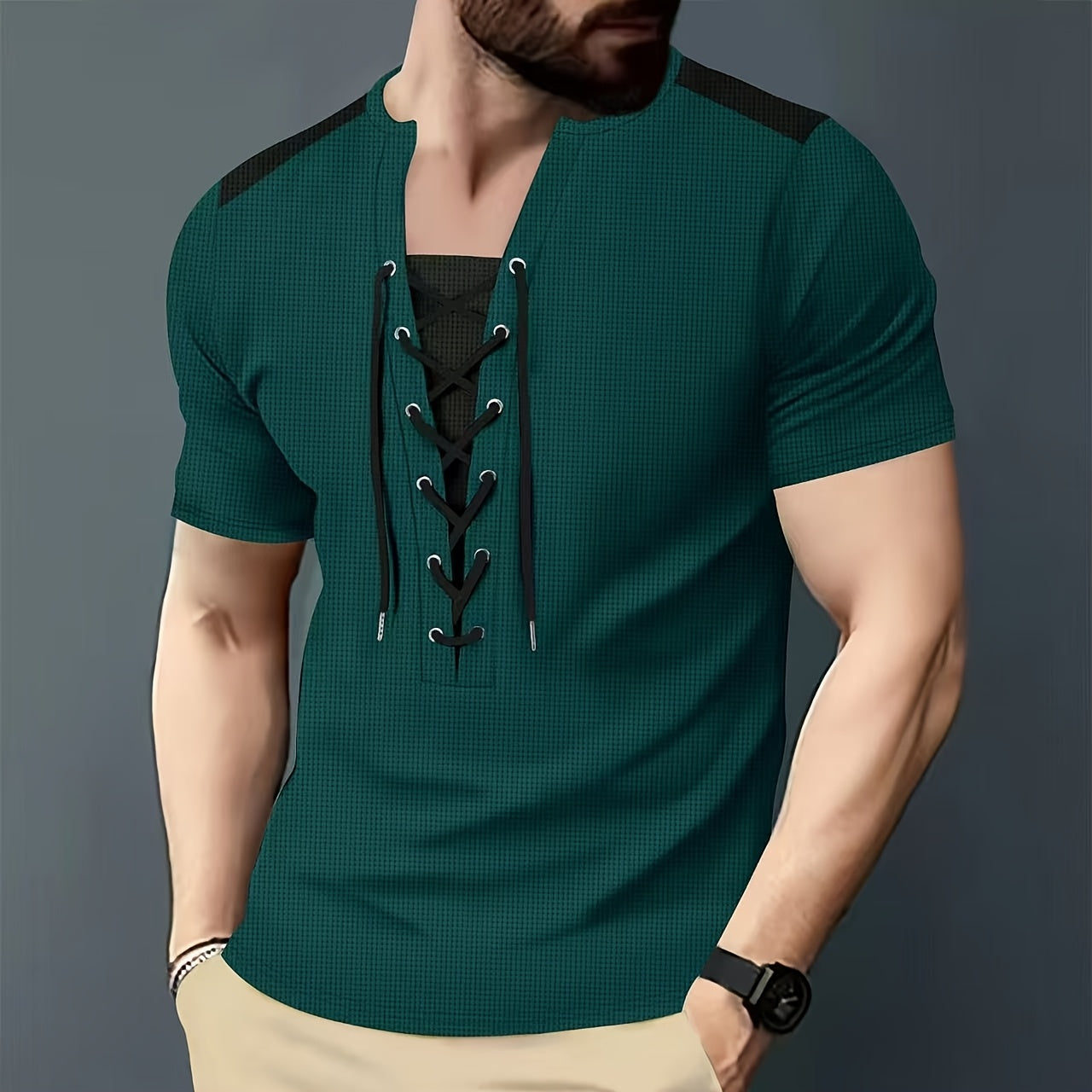 Men'S Casual Waffle Knit Short Sleeve T-Shirt with Drawstring Detail - Maroon Black, Round Neck, Breathable Polyester Fabric for Summer Outings, Casual Weekend Wear Round Neck Tee Stylish Contrast Stitchin