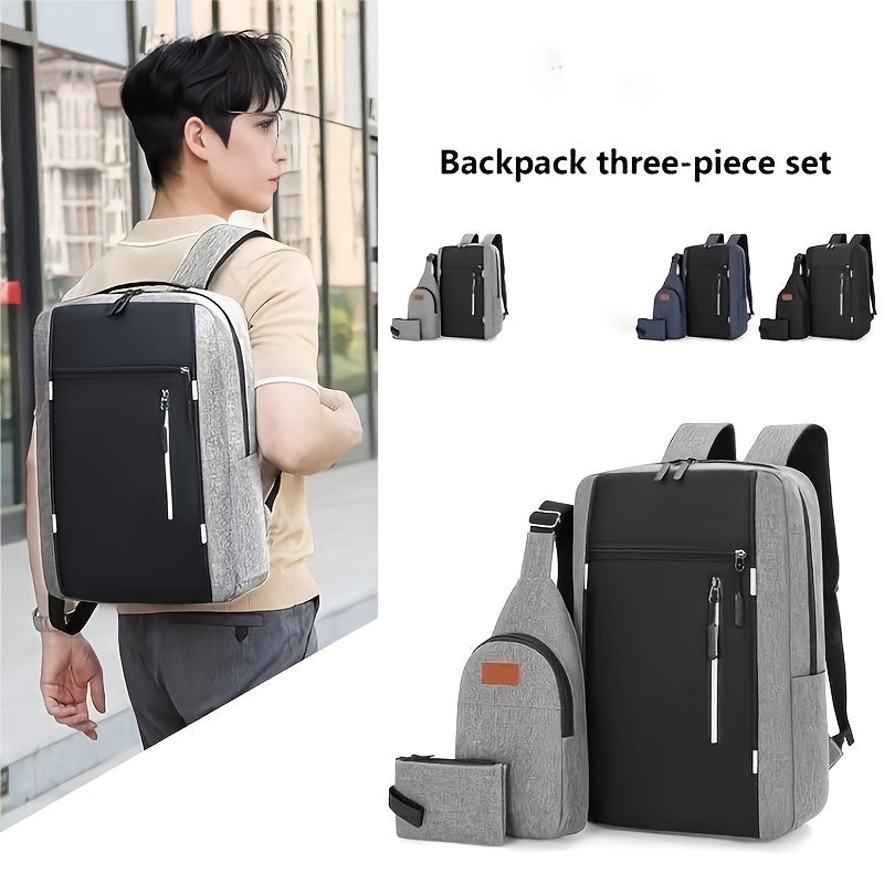Three-Piece Set Men's Backpack, Includes Shoulder Bag and Coin Purse, Suitable for Back-to-School, Travel, Business, Casual Use with Large Capacity