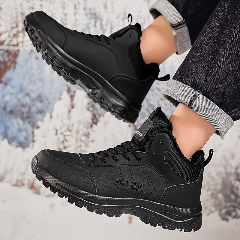 Men's Mid-Top Outdoor Sneakers | Plush Lining for Warmth | Durable MD Sole | All-Season Comfort | Stylish Black | Casual Walking Shoes with Hook & Loop Fastener | Ideal for Travel and Everyday Use