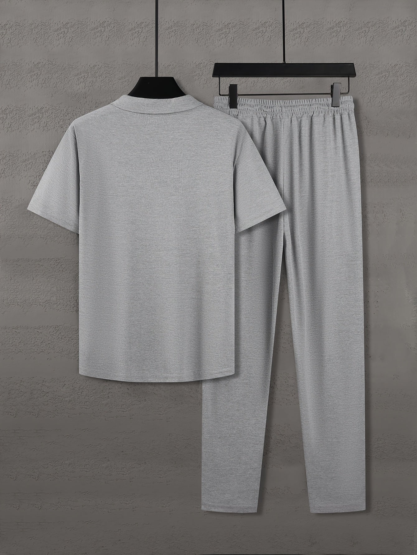 Men'S Summer Solid Color Trendy Casual Suit Collared Short Sleeve Long Pants Suit, Perfect for Outdoor