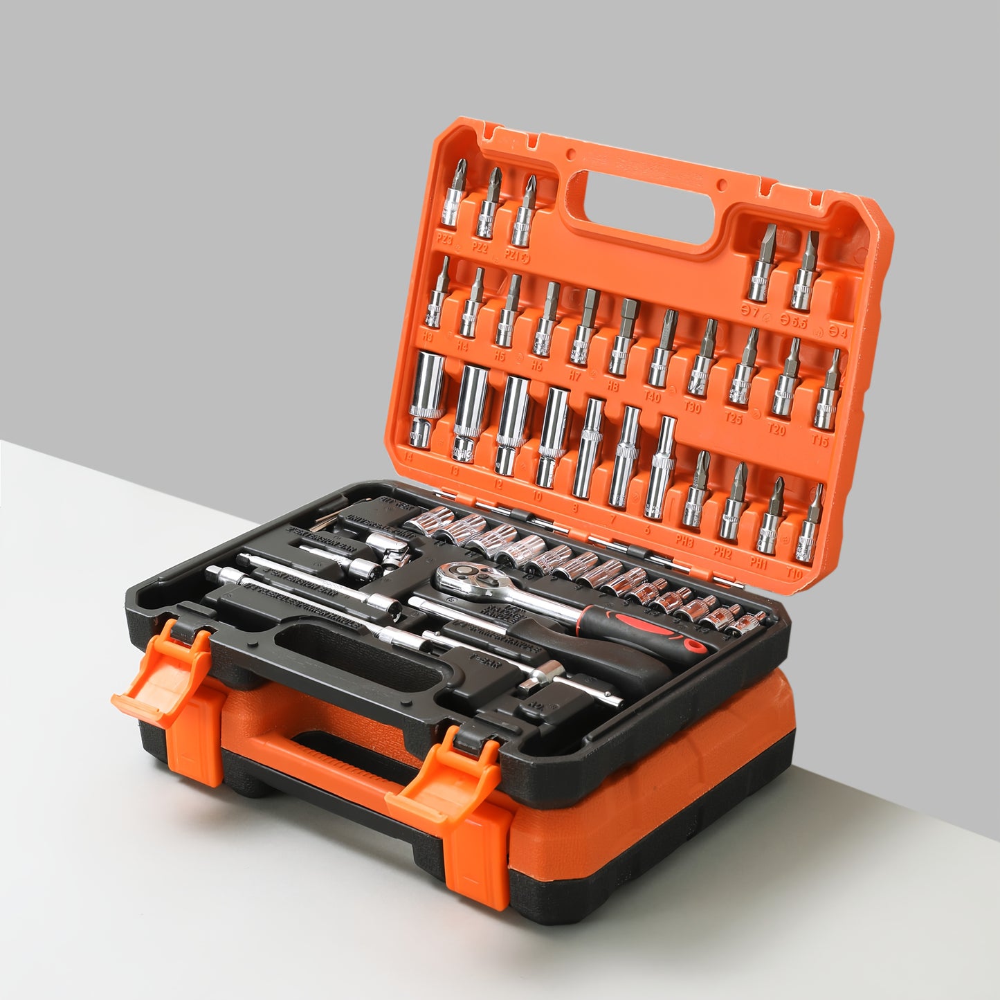 53/50pcs Chrome Vanadium Impact Socket Set, 3/8 Inch Drive, 6-Point Design, Includes SAE Sizes from 5/16 to 3/4 Inch and Metric Sizes from 8 to 22mm, with Ratchet Handle, Extension Bar, Adapter, and Glove