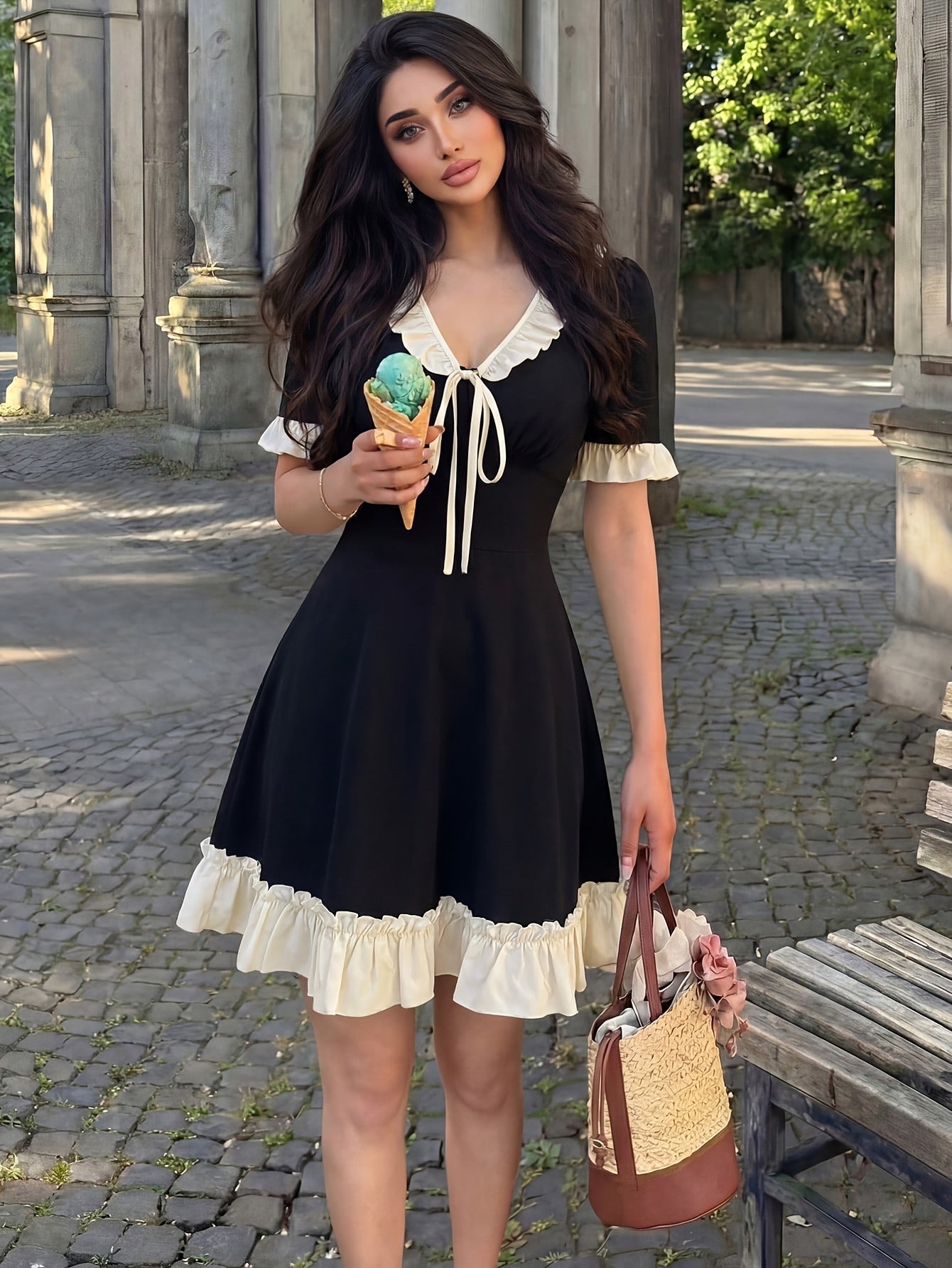 Women's Elegant V-Neck Color-Block Ruffle Tie-Waist A-Line Dress
