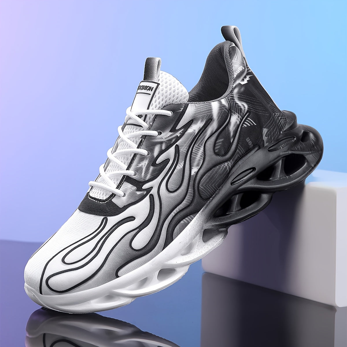 Trendy Black White Gradient Sneakers - Breathable Mesh, Thick Sole for Height Boost, Fashion Athletic Casual Running Shoes with Flame Design, Perfect for Students Casual Attire, High Top Sneakers