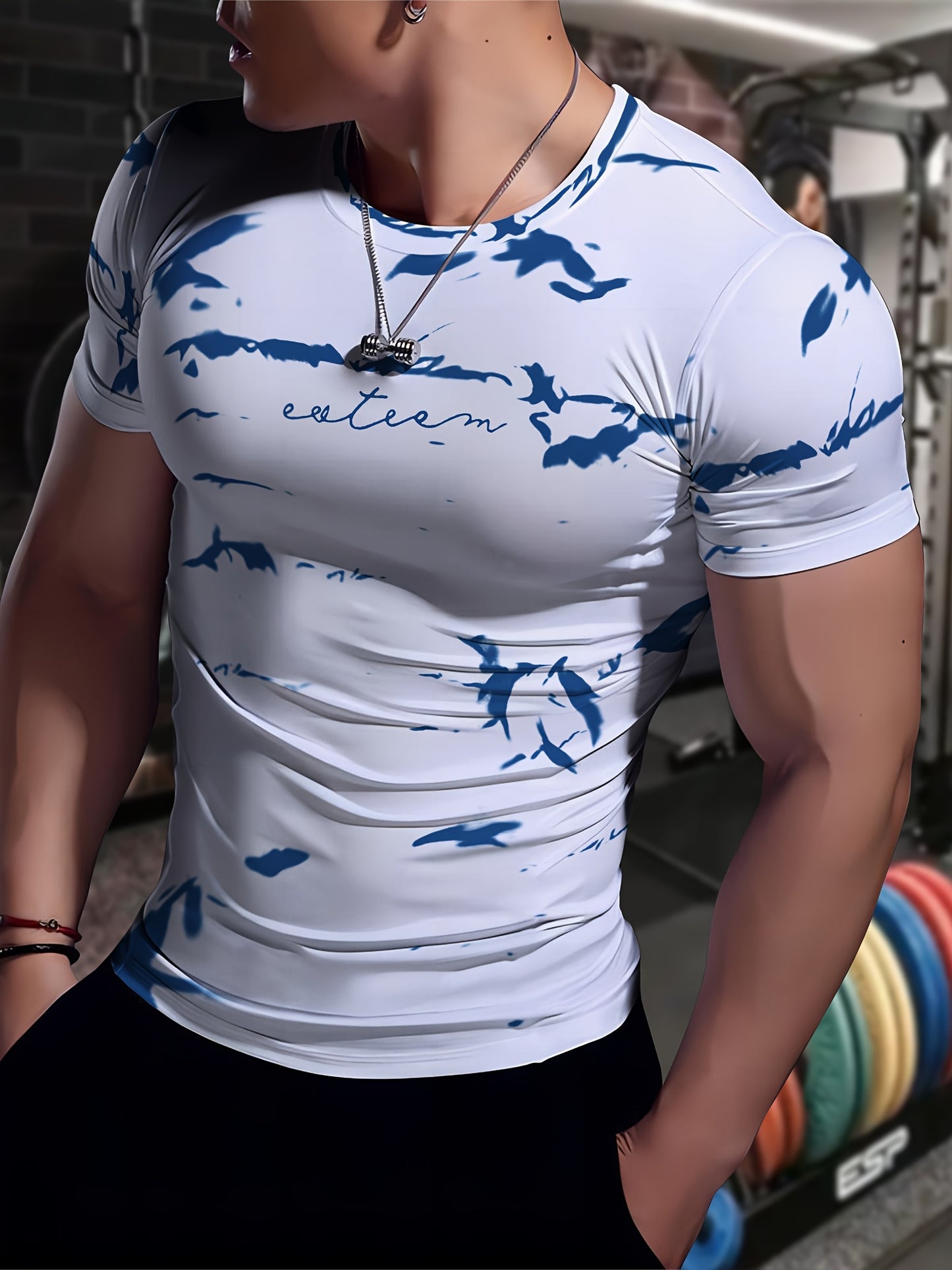 Men's High-Elasticity Anti-Tear Graffiti T-Shirt - Black White Geometric Print, Tight-Fit Athletic Top for Gym, Running, Yoga Casual Summer Wear, Gym Clothes, Highelastic Polyester, Short Sleeve Design